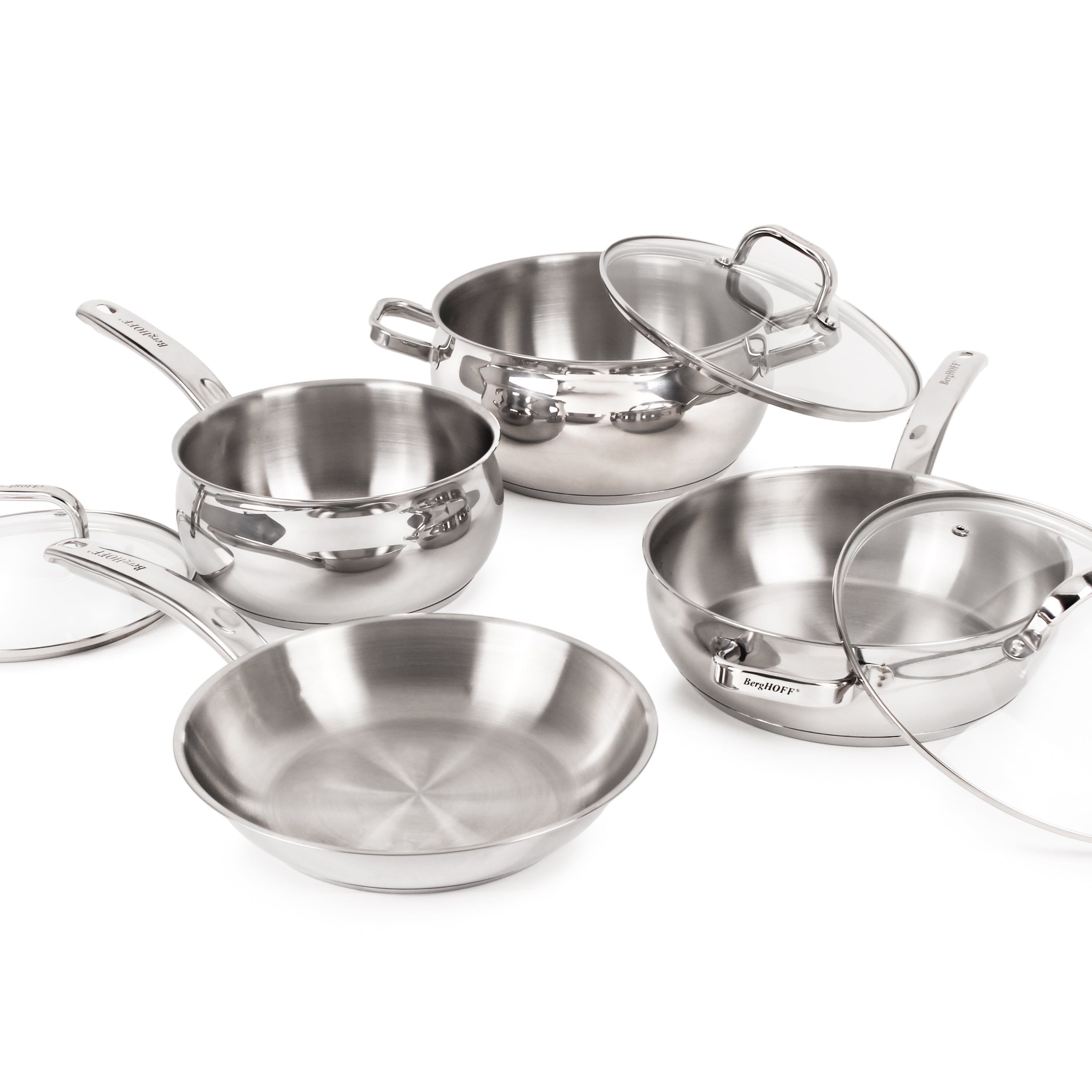 BergHOFF Belly Shape 7-Piece 18/10 Stainless Steel Cookware Set with Tempered Glass Lids - Premium Kitchen Cookware for Boiling, Frying & Sauteing - Perfect for Home Cooking & Professional Chefs