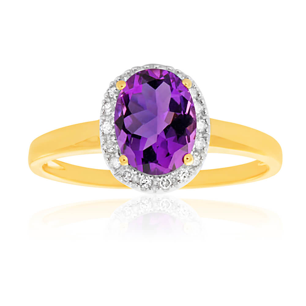 9ct Yellow Gold & White Gold Amethyst and Diamond Ring for Women - Elegant Birthstone Jewelry Gift for Anniversary, Engagement & Special Occasions