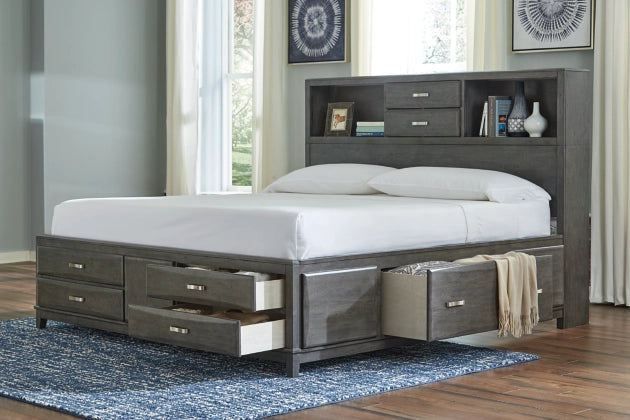 Caitbrook King Size Storage Bed with 8 Drawers - Gray Wooden Platform Bed Frame with Underbed Storage - Perfect for Small Bedrooms & Guest Rooms