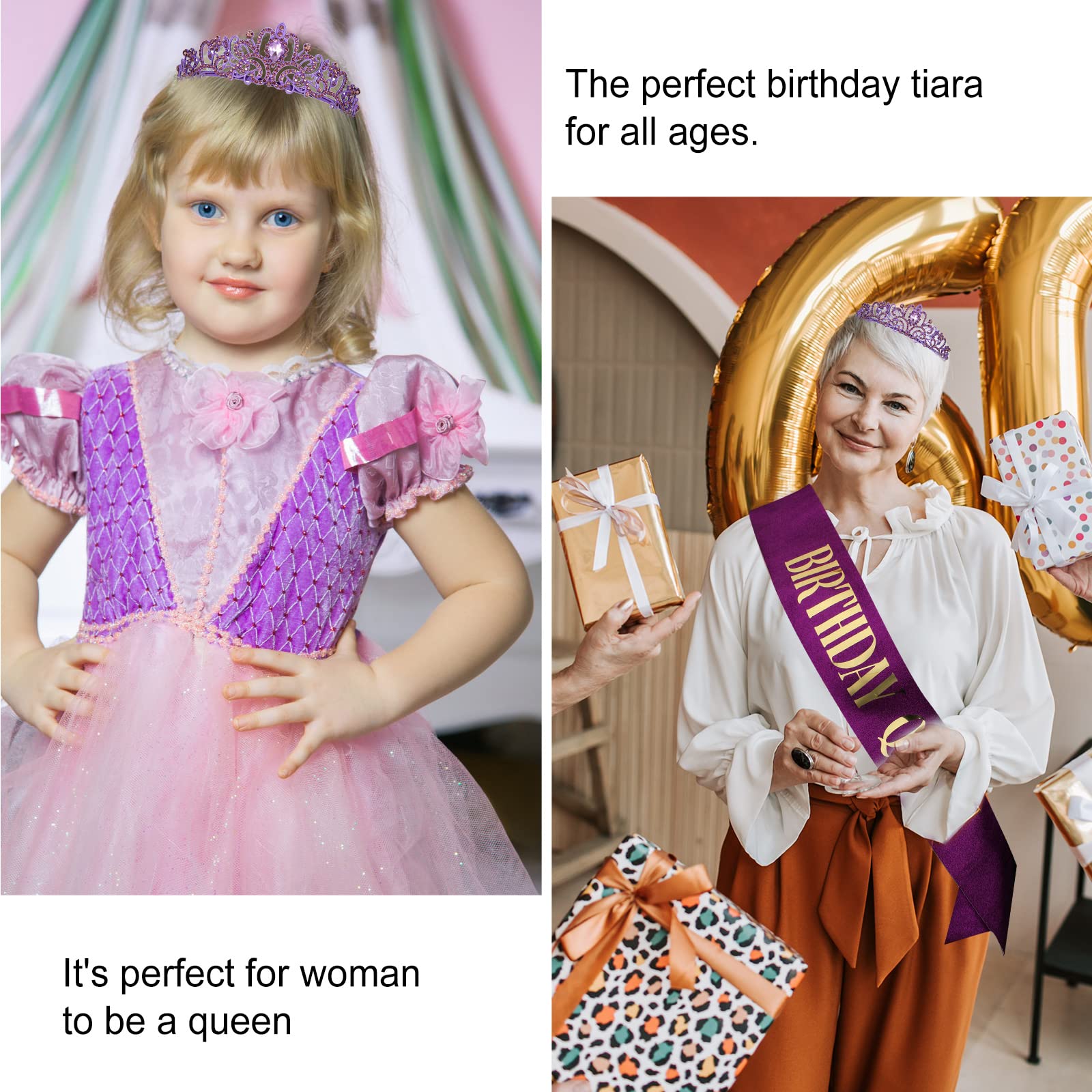CIEHER Purple Birthday Sash & Queen Crown Kit - Elegant Purple Tiara & Crown for Women & Girls - Perfect for Birthday Parties, Quinceañeras, Bachelorette & Royal Themed Events