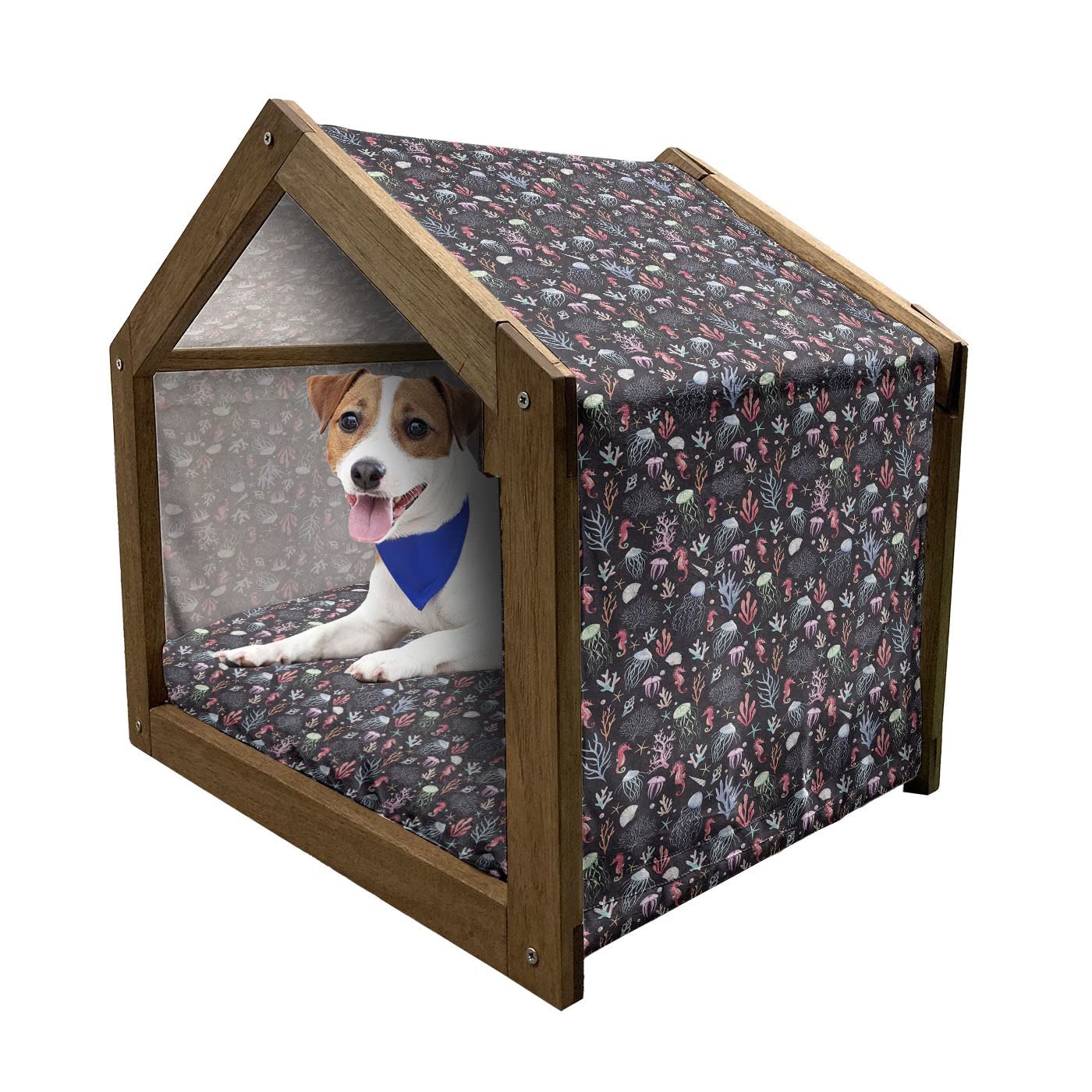Ambesonne Under The Sea Wooden Pet House - Watercolor Coral Seahorse & Jellyfish Design - Indoor & Outdoor Portable Dog Kennel with Pillow - Large Multicolor Pet Bed for Dogs & Cats - Perfect for Home, Garden, and Travel Use