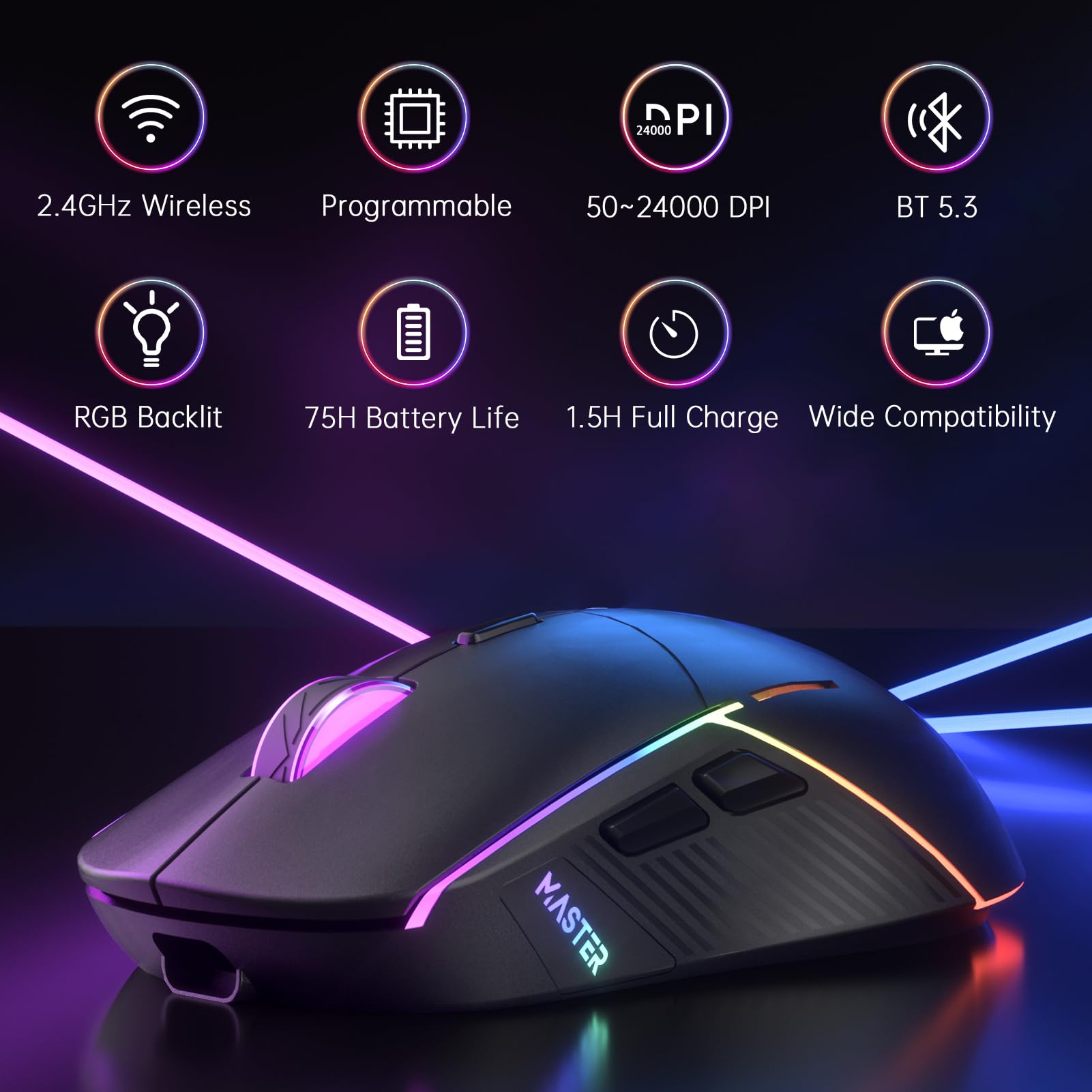 FFJ Wireless Gaming Mouse - 24000 DPI Tri-Mode RGB Gaming Mouse with 2.4G/USB-C/Bluetooth 5.3, 75H Battery Life, Rechargeable Ergonomic Mouse for PC, Mac, PS5, Xbox (Black) - Perfect for FPS, MOBA & Esports Gaming