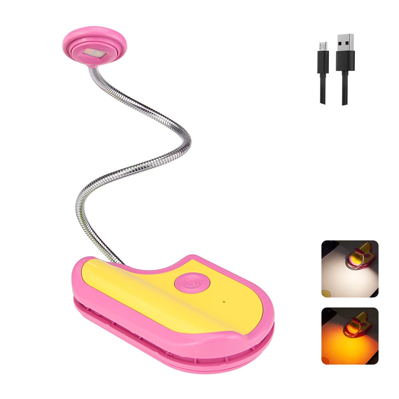 BIGMONAT Rechargeable LED Reading Light for Kids - Portable Amber Book Light with 360° Rotatable Neck, Wireless Clip-On Lamp for Night Reading, Study, and Travel (Pink) - Perfect for Bedtime Stories, Homework, and Camping