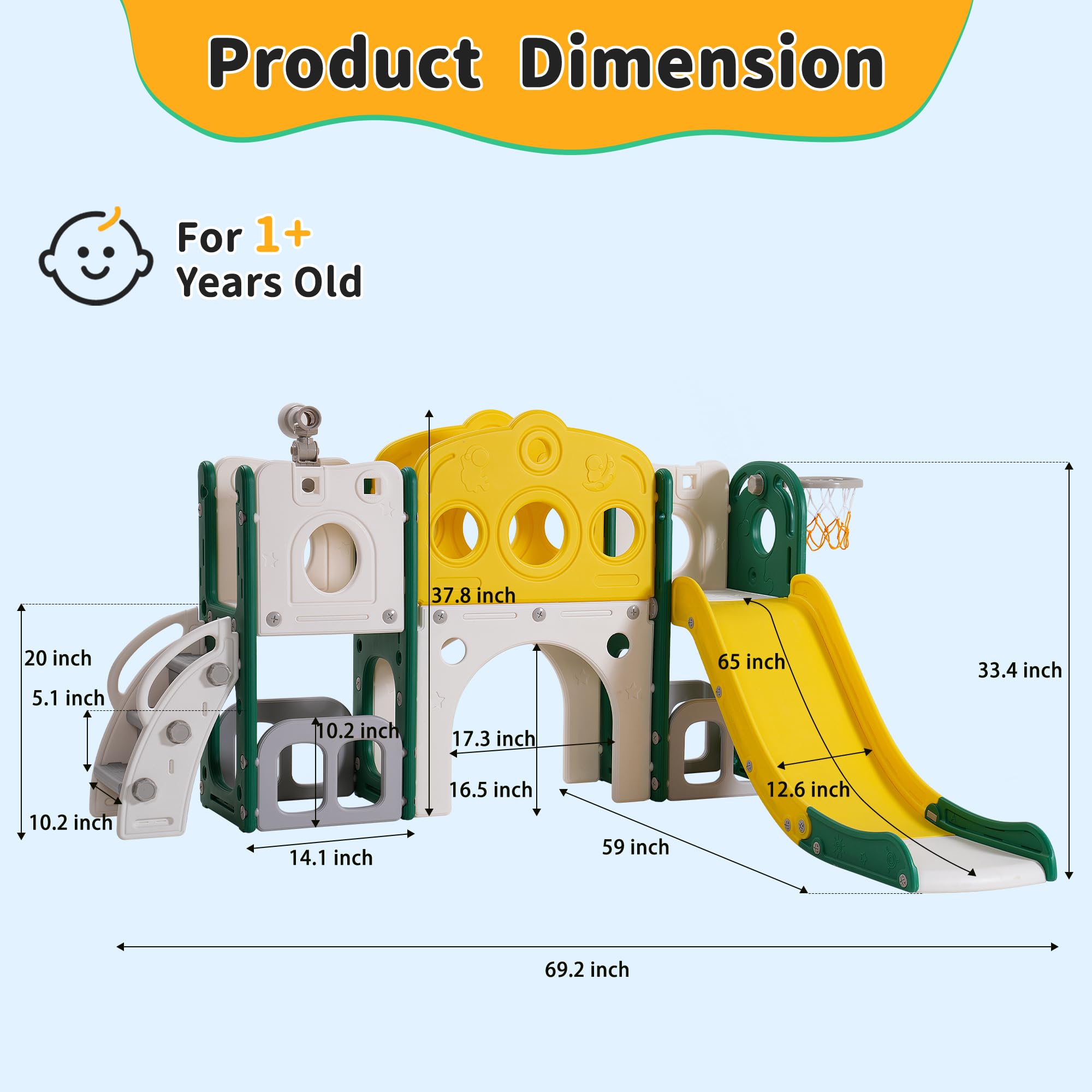 8-in-1 Toddler Slide Playset for Kids Ages 1-3 | Indoor/Outdoor Baby Slide with Basketball Hoop & Telescope | Safe Toddler Playground Equipment for Backyard, Nursery & Daycare (Green)