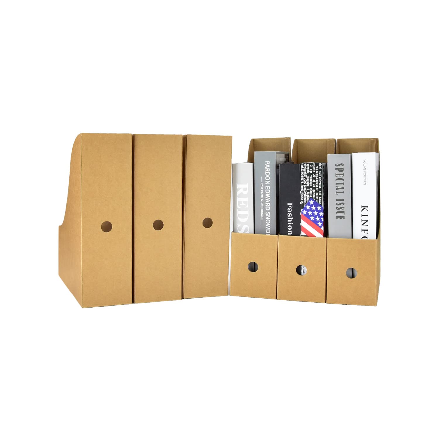 PRO.ME 6-Pack Brown Cardboard Magazine File Holders - Desk Organizer for Books, Papers & Documents with Label Stickers - Perfect for Home, School & Office Organization
