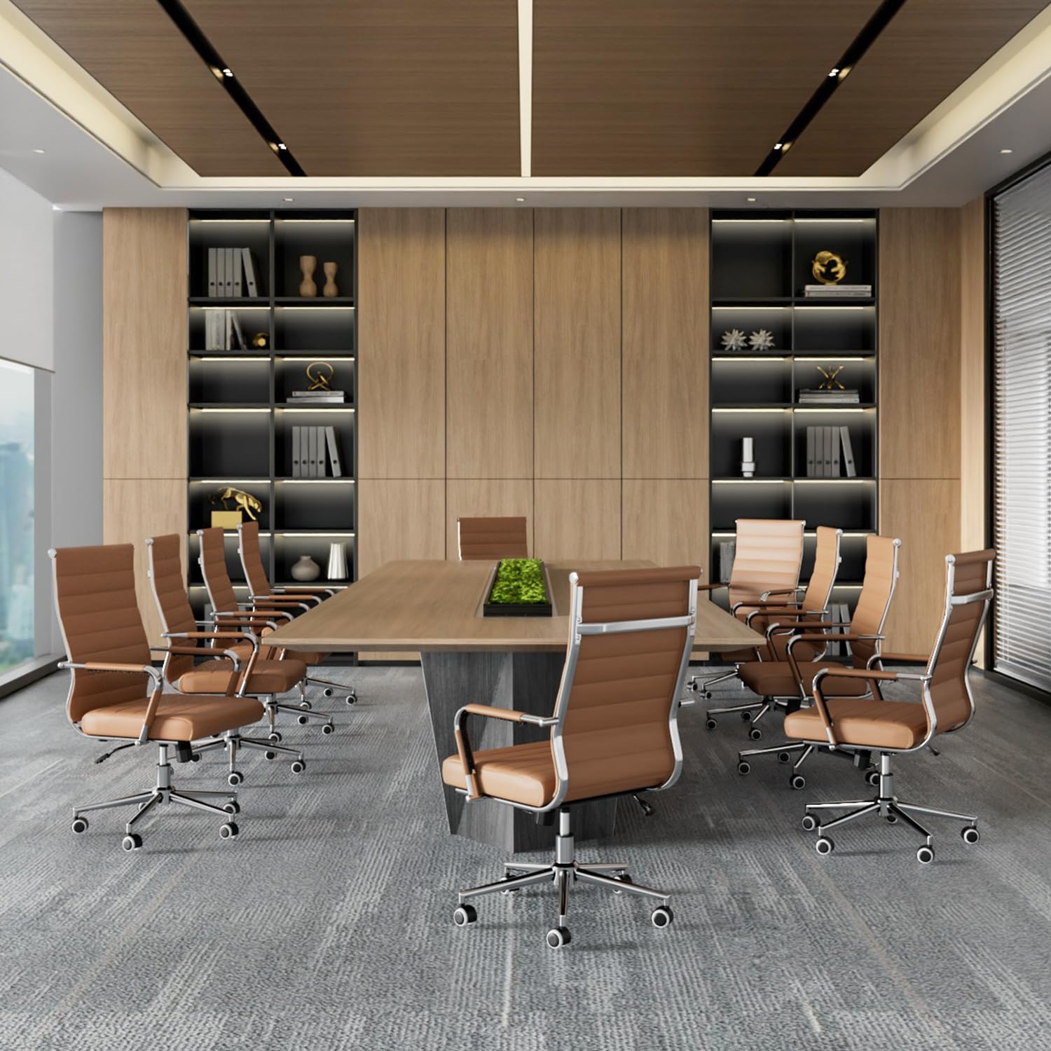 Okeysen Ergonomic Leather Office Chair - Adjustable Height Swivel Rolling Executive Desk Chair for Home & Conference Room - Modern Ribbed Design (Brown) - Perfect for Long Work Hours & Professional Meetings