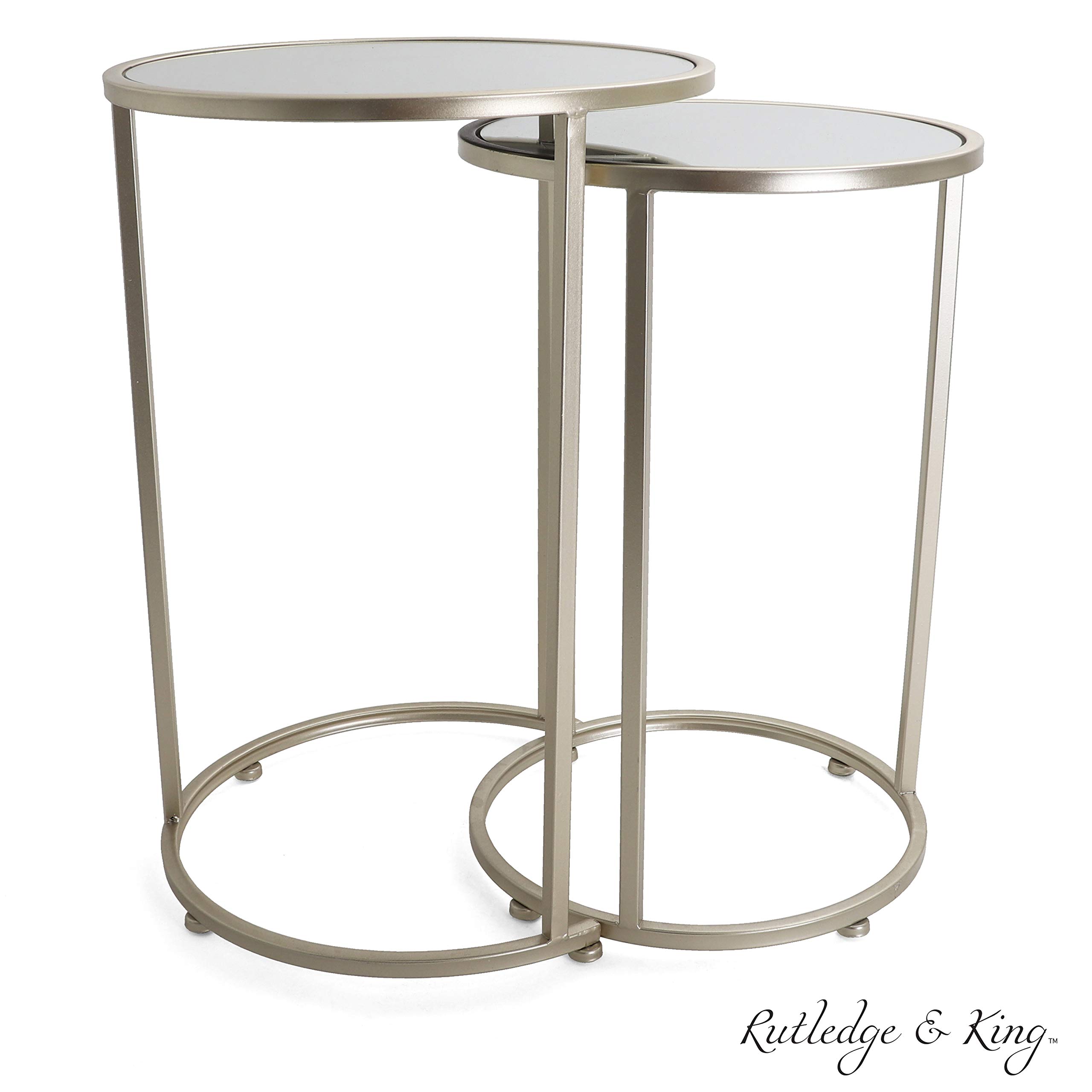 Rutledge & King Gold Round End Table Set with Mirrored Tops - Modern Nesting Accent Tables - Metal Side Tables for Living Room, Bedroom & Office Decor