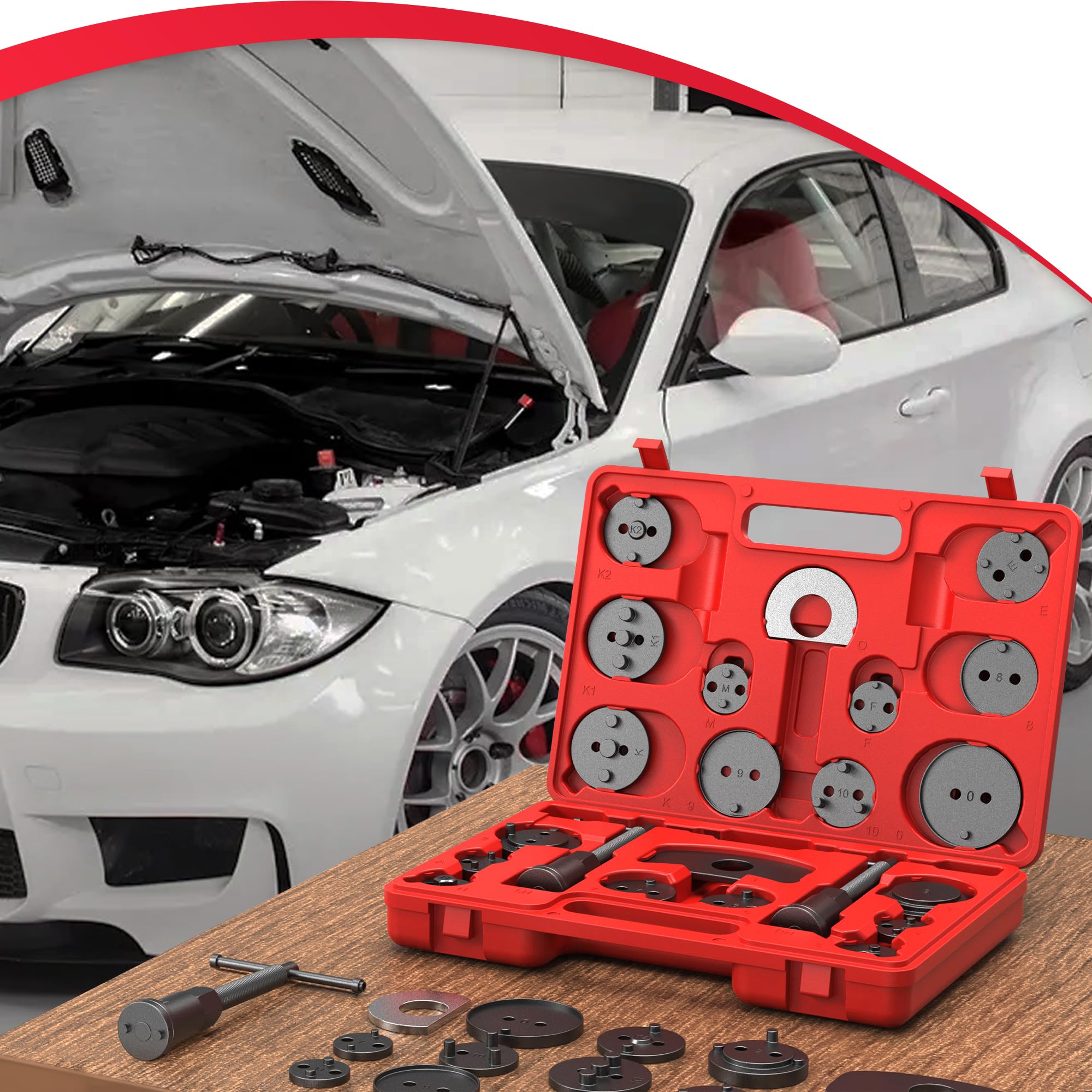 Heavy Duty Universal Disc Brake Caliper Piston Compressor Tool Kit - 28 Piece Wind Back Set for Brake Pad Replacement with Hanger Hooks | Perfect for DIY Car Maintenance & Professional Auto Repair Shops