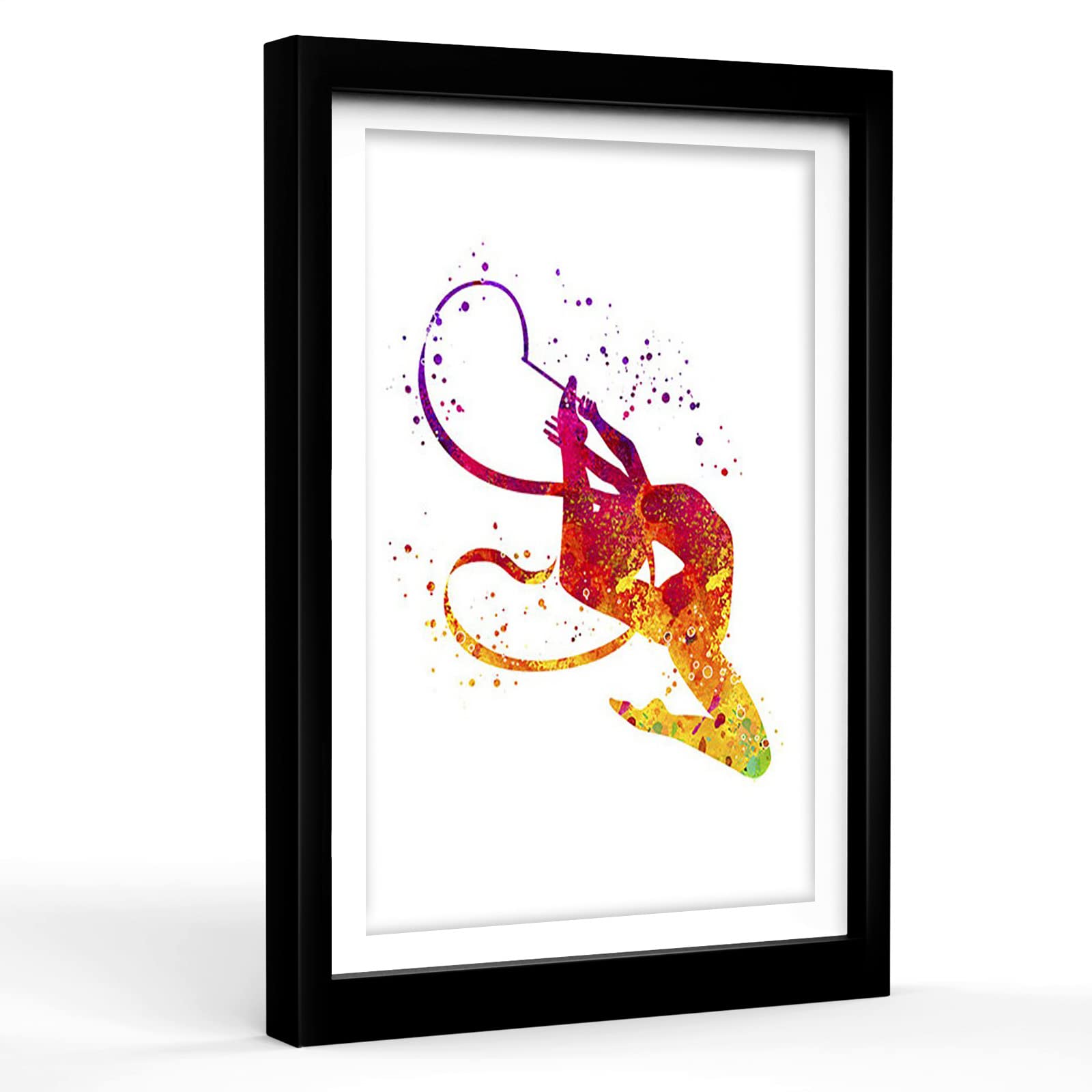 Sports Posters for Boys & Girls Bedroom Decor - Rhythmic Gymnastics with Ribbon Watercolor Print - 12''x18'' Inch Wood Framed Plexiglass Wall Art - Perfect for Kids' Room, Nursery, Playroom & Sports Theme Decorations