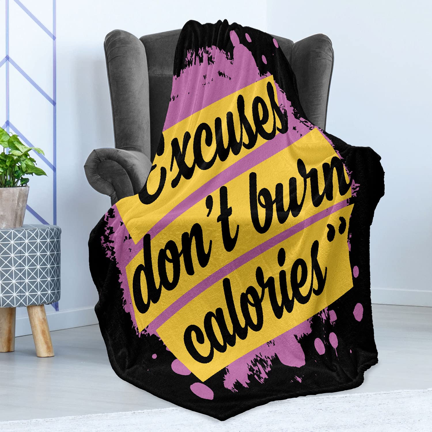 Ambesonne Fitness Throw Blanket - Motivational Workout Quote 'Excuses Don't Burn Calories' - Soft Flannel Fleece Accent Blanket 50