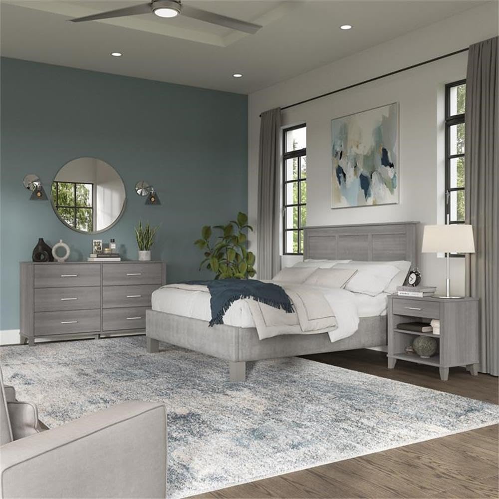 Bush Furniture Somerset Full/Queen Bedroom Set with Headboard, Dresser & Nightstand in Platinum Gray - Modern Bedroom Furniture for Home & Guest Room Decor