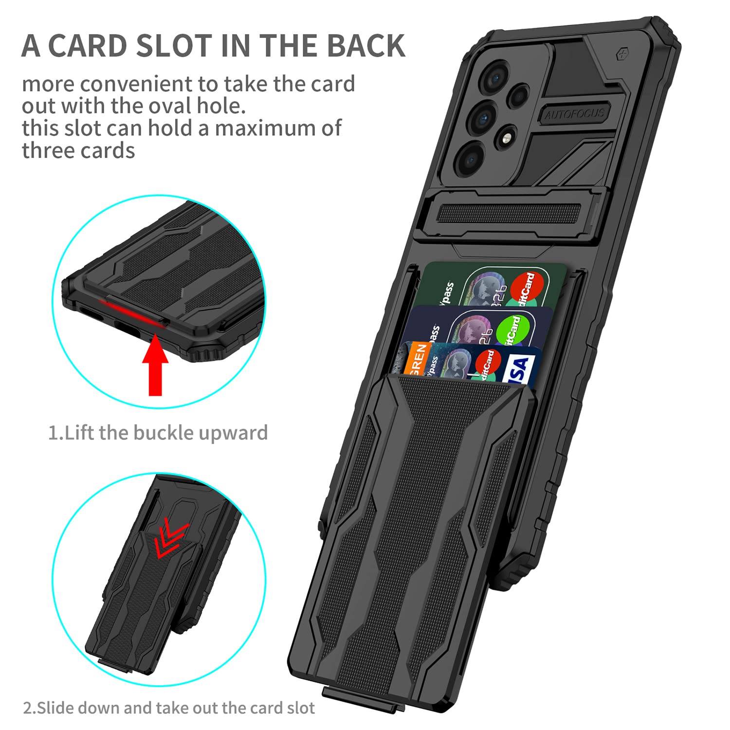 Samsung Galaxy A33 5G Wallet Case with Card Holder & Kickstand - Slim Rugged Shockproof Armor Defender Case [Military Grade Protection] - Black - Perfect for Work, Travel and Everyday Use