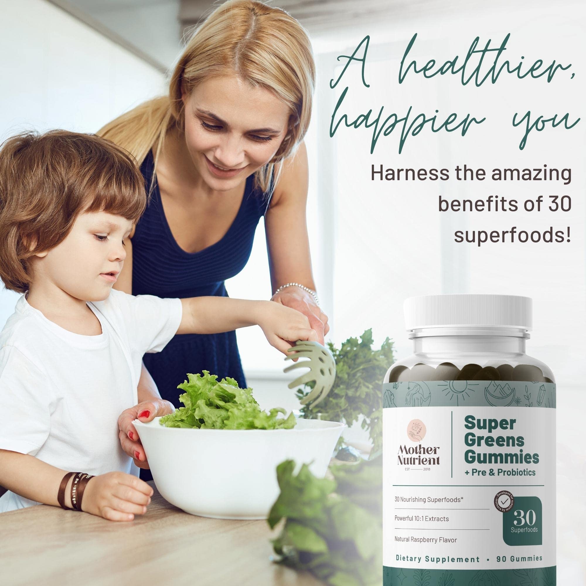 Super Greens Gummies for Women & Adults - 30 Powerful Greens Superfoods with Prebiotics & Probiotics - Multivitamin Veggie Chewables (90 Gummies) - Boost Energy & Digestion for Busy Lifestyles