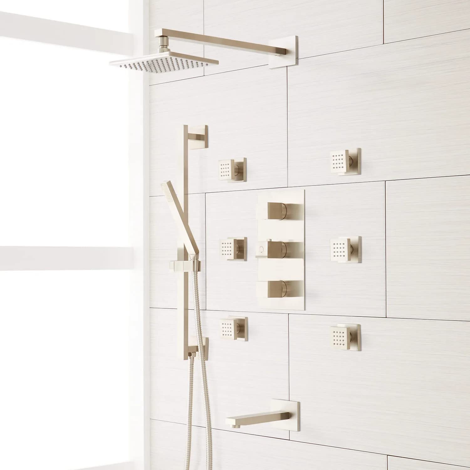 Signature Hardware 379997 Onassis Thermostatic Shower System with Shower Head, Hand Shower, Slide Bar, Body Sprays & Valve Trim - Chrome Finish | Perfect for Luxury Bathroom Renovations & Spa-Like Shower Experience