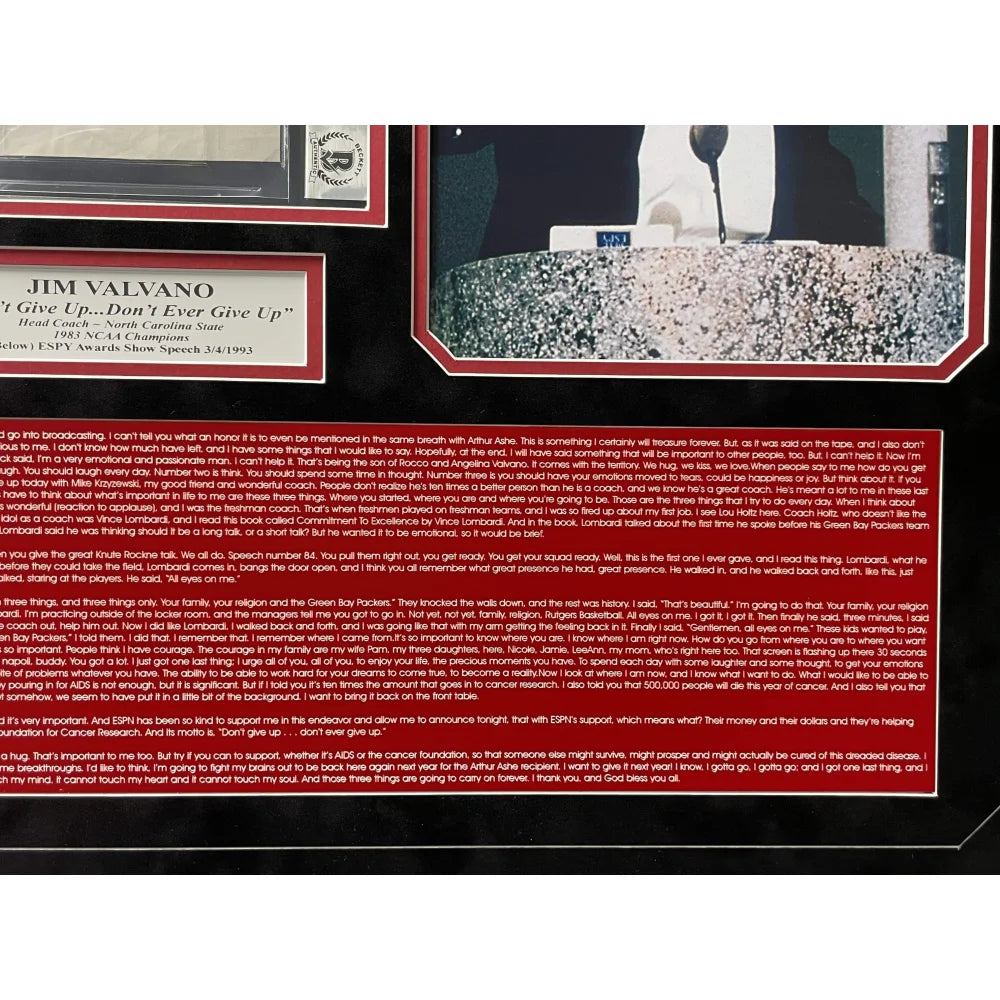 Jim Valvano Autographed Framed Collage with ESPY Speech - Signed Cut Signature & BAS COA - Perfect for Sports Memorabilia Collectors, Man Cave Decor, and Inspirational Gifts