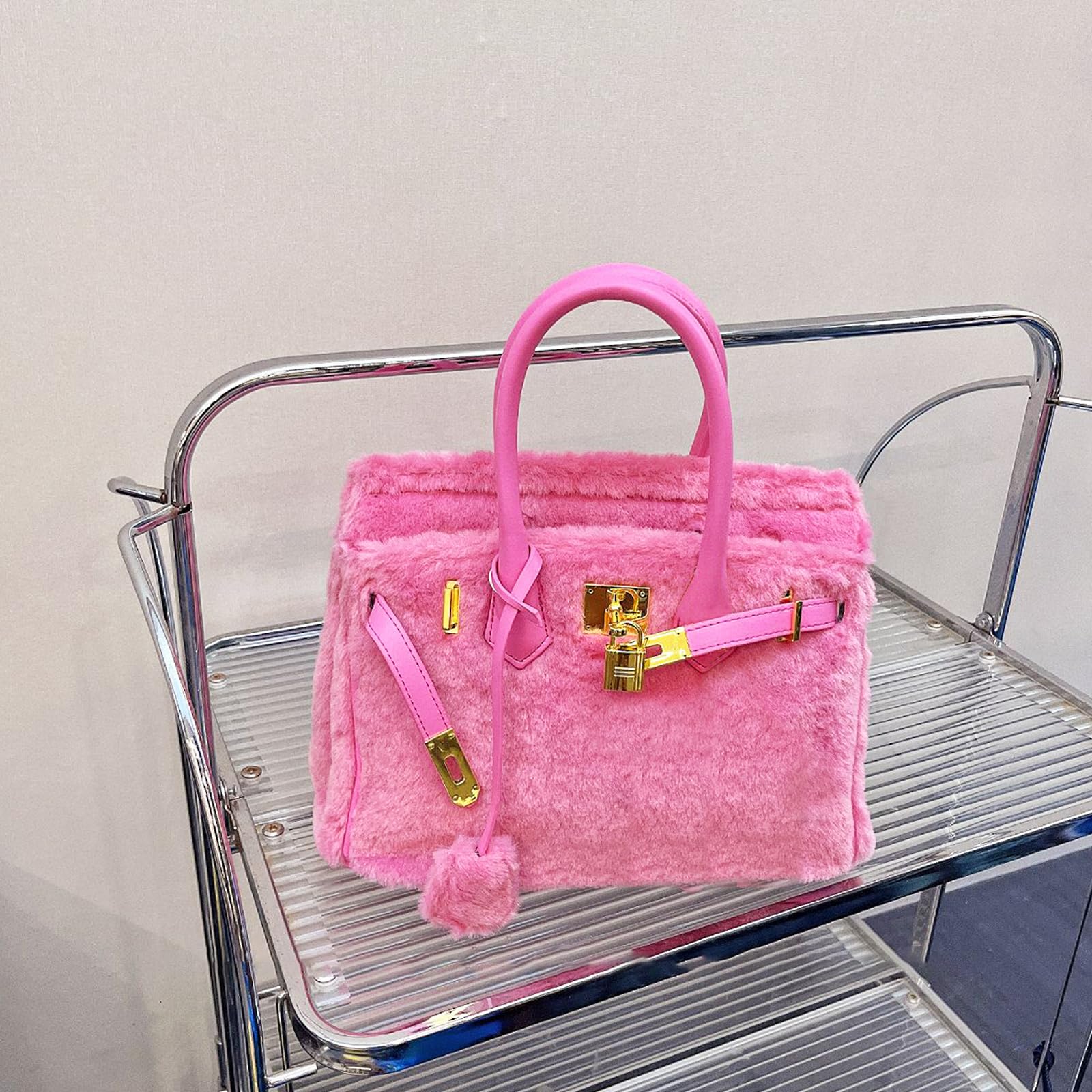 Women's Furry Pink Tote Bag - Large Capacity Crossbody Shoulder Bag with Lambswool Patchwork Leather - Perfect for Work, Travel & Daily Matching (12