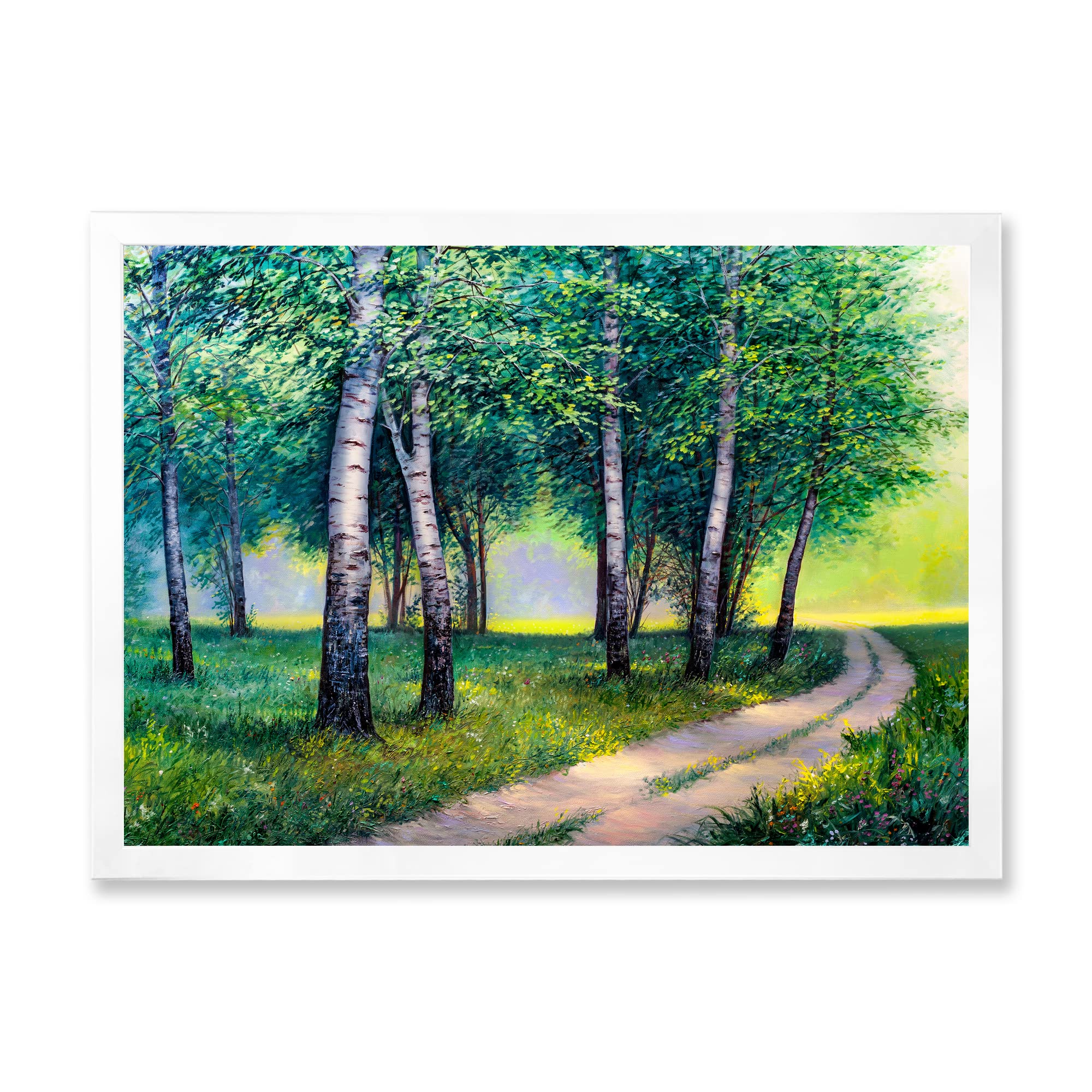 Summer Forest Road By The Birches Lake House Framed Wall Art - Nature Landscape Painting for Living Room, Bedroom & Office Decor