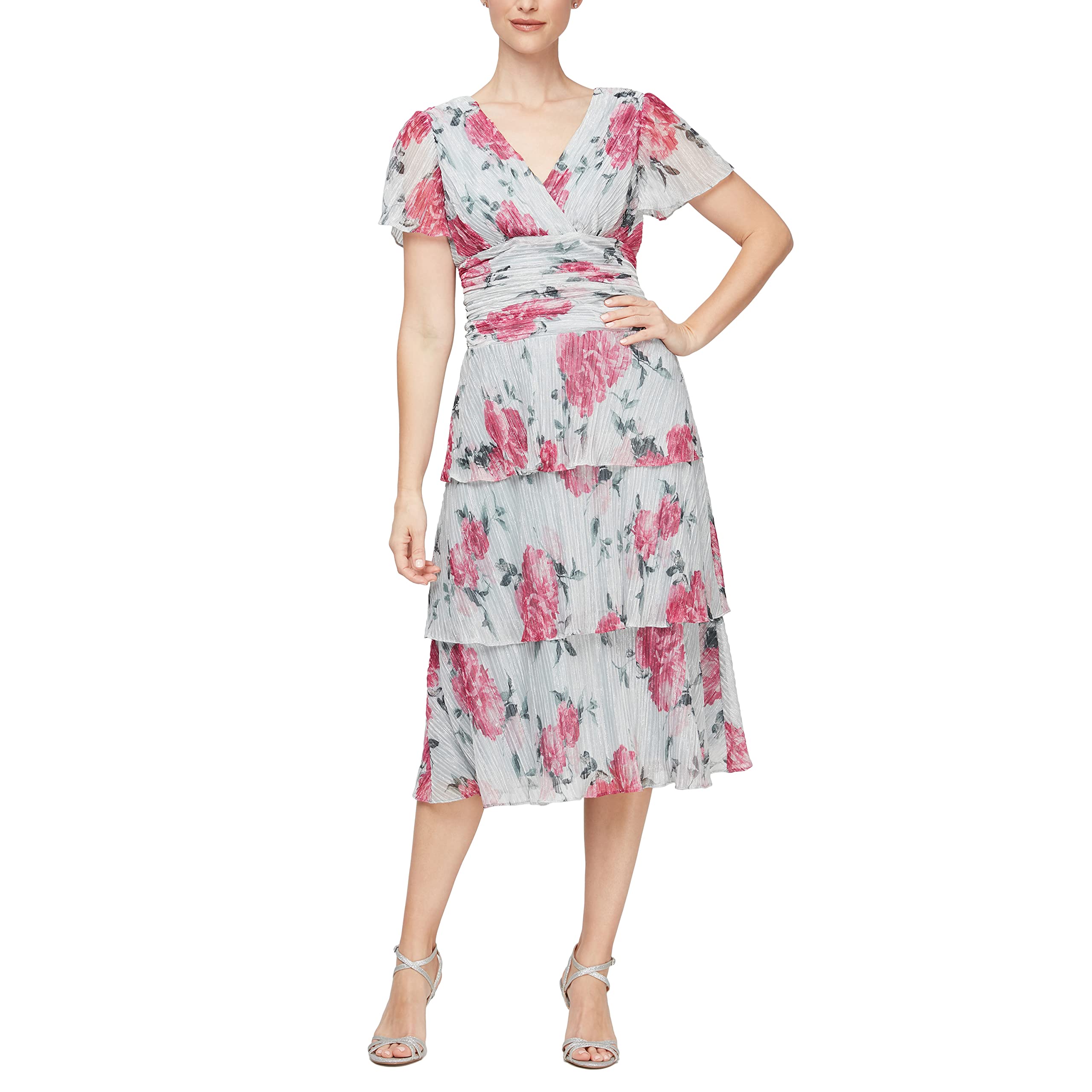 S.L. Fashions Women's Short Sleeve V-Neck Ruched Waist Midi Cocktail Dress - Wedding Guest, Party, Formal Occasion Gown (Petite & Regular Sizes) - Perfect for Bridal Showers, Evening Events & Special Celebrations