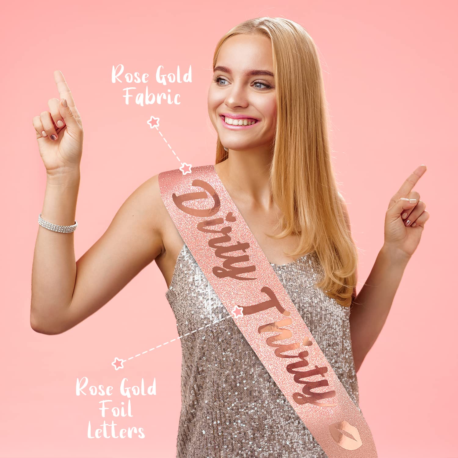 PartyForever 30th Birthday Decorations - Dirty Thirty Rose Gold Sash (32 Inch) for Women's Milestone Celebration | Perfect for 30th Birthday Parties, Bachelorette Events & Photo Props