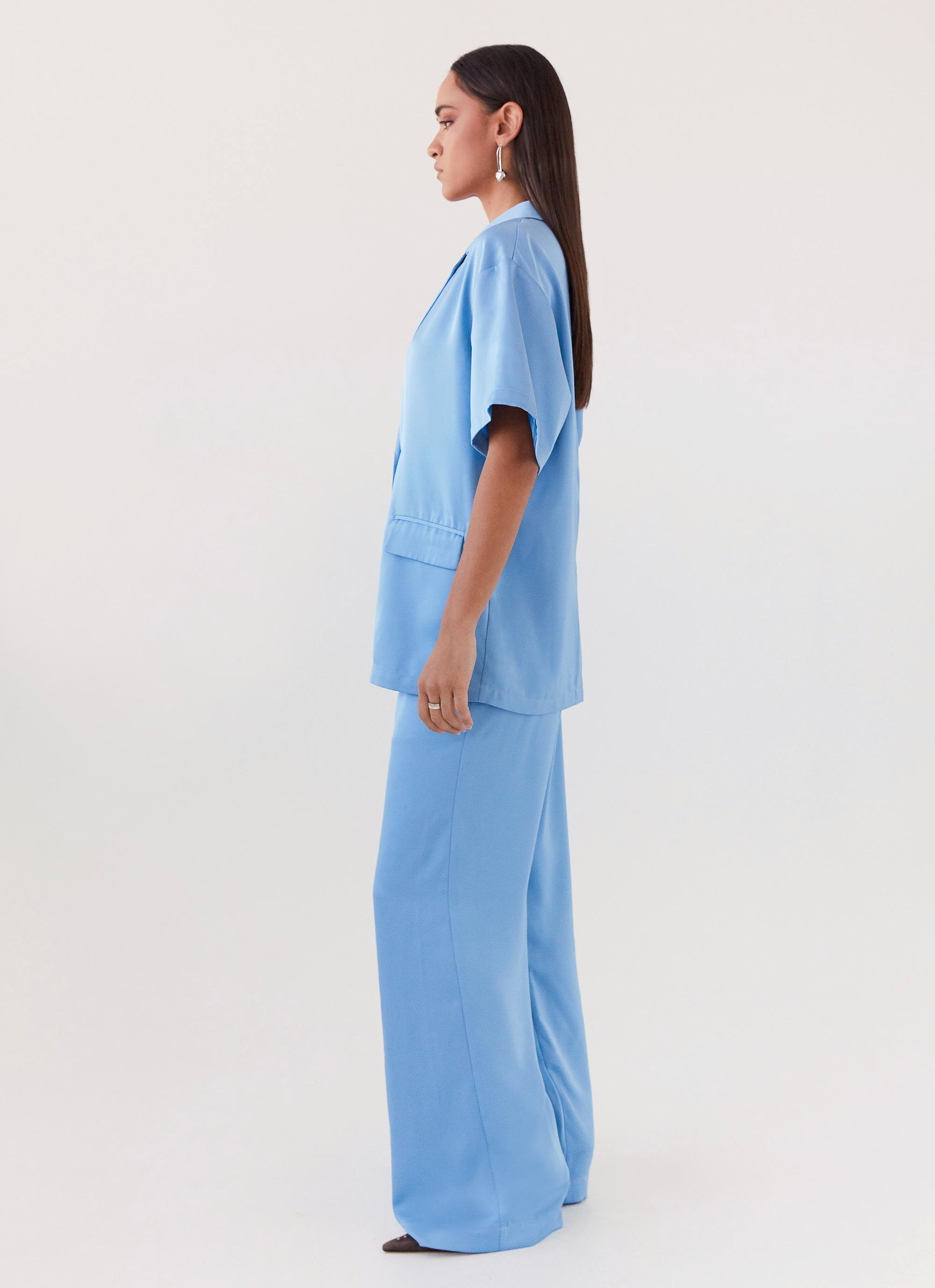 Brinkley Oversized Satin Shirt for Women - Sky Blue Button Down Blouse, Elegant Loose Fit Long Sleeve Top for Work, Office, and Casual Outings