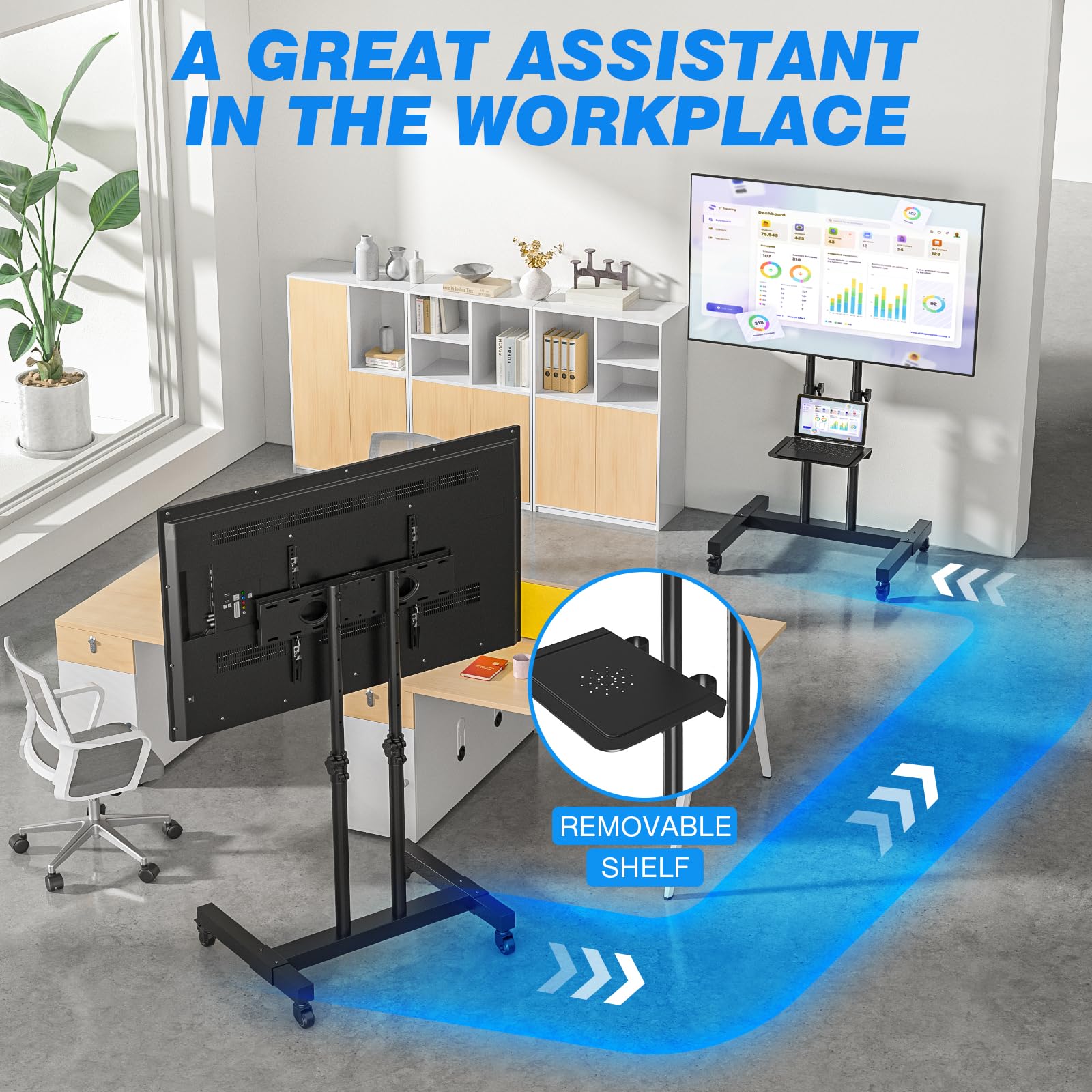 Rfiver Mobile TV Cart - Adjustable Rolling TV Stand for 32-83 Inch Screens (Up to 110lbs), Portable TV Stand with Wheels & Height Adjustable Shelf, Universal VESA 600x400mm - Perfect for Home, Office & Outdoor Use (Black)