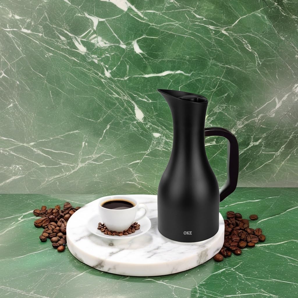 OKE 20 Oz Thermal Coffee Carafe - Double Walled Vacuum Insulated Glass Lined Thermos for Hot Coffee - Black Coffee Dispenser for Home, Office & Restaurants