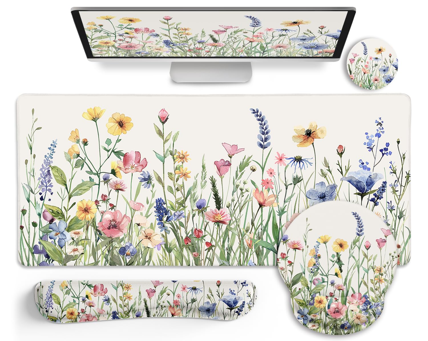 **Ergonomic Mouse Pad with Wrist Rest - Large Flower Design Desk Mat for Office & Gaming - Cute Keyboard Mat & Cup Coaster Set - Perfect for Comfortable Work & PC Gaming Setup**