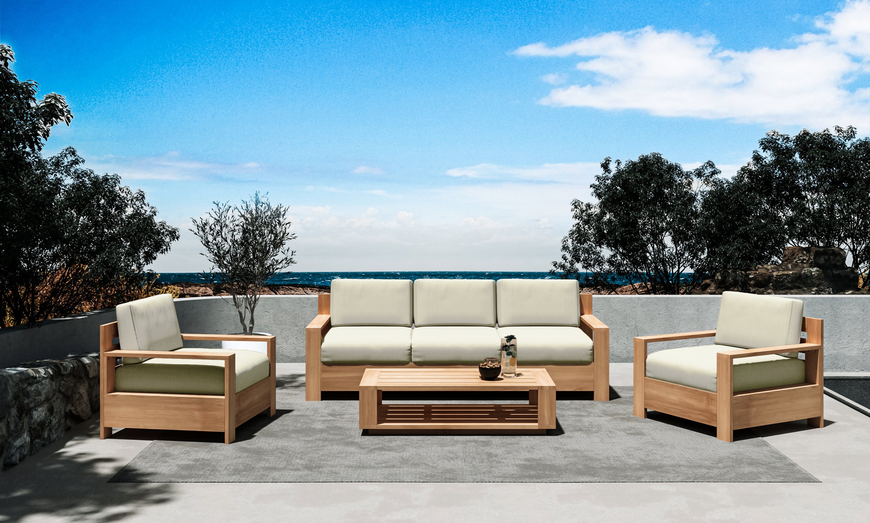 Lothair 4-Piece Teak Outdoor Patio Furniture Set with Sunbrella Cushions - Deep Seating Conversation Set for Garden, Poolside & Backyard Relaxation