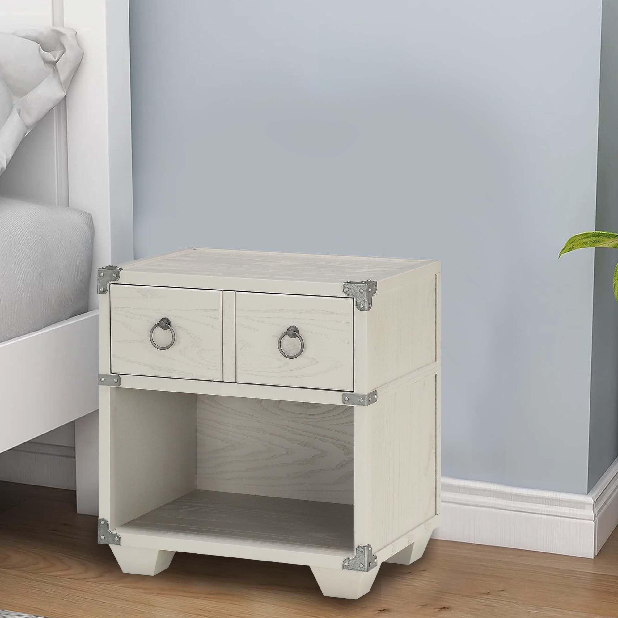 Benjara 2-Drawer Wooden Nightstand with Metal Ring Pulls, Gray - Stylish Bedside Table for Bedroom, Living Room, or Office Storage