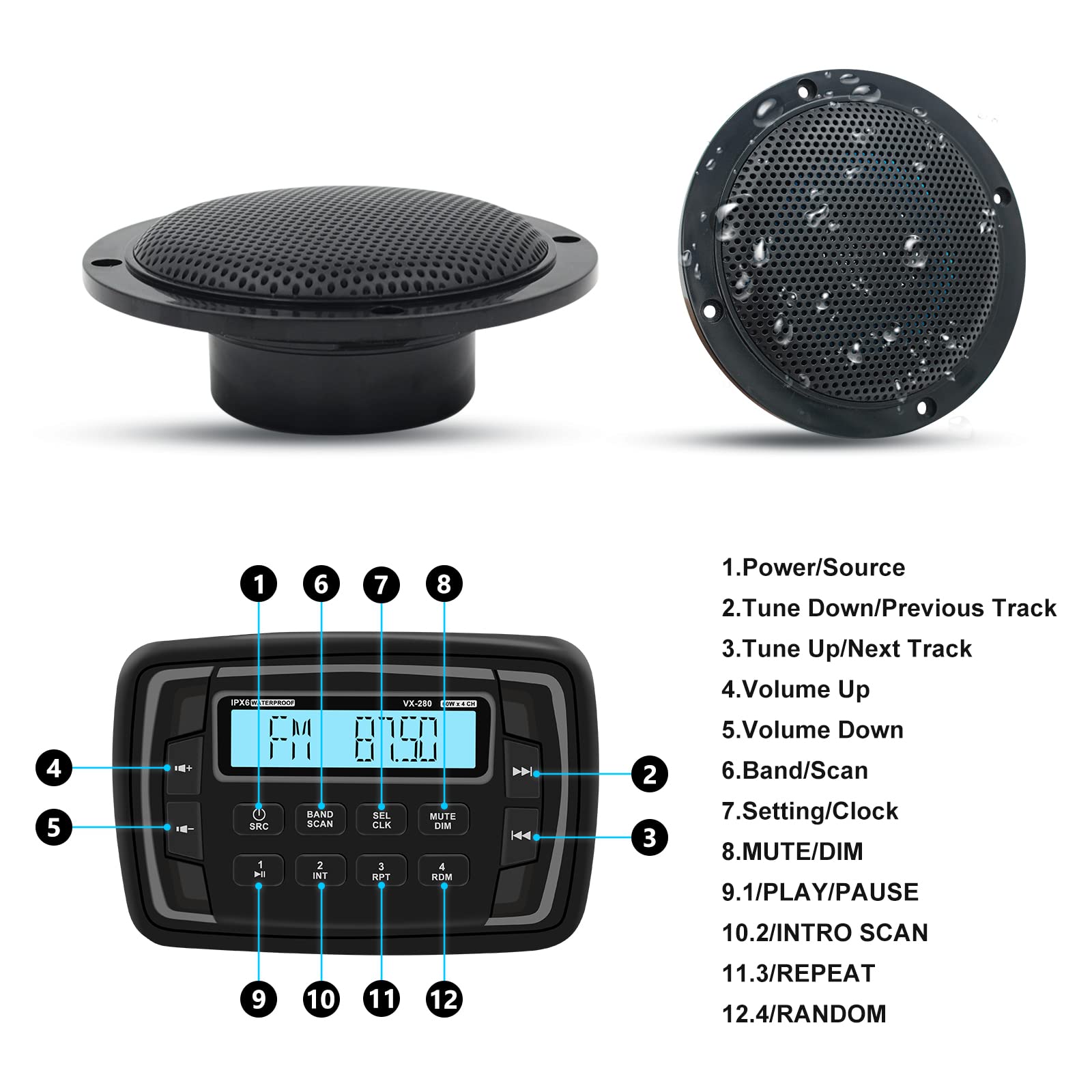 Herdio Waterproof Marine Radio Set - AM/FM Stereo Receiver with 4