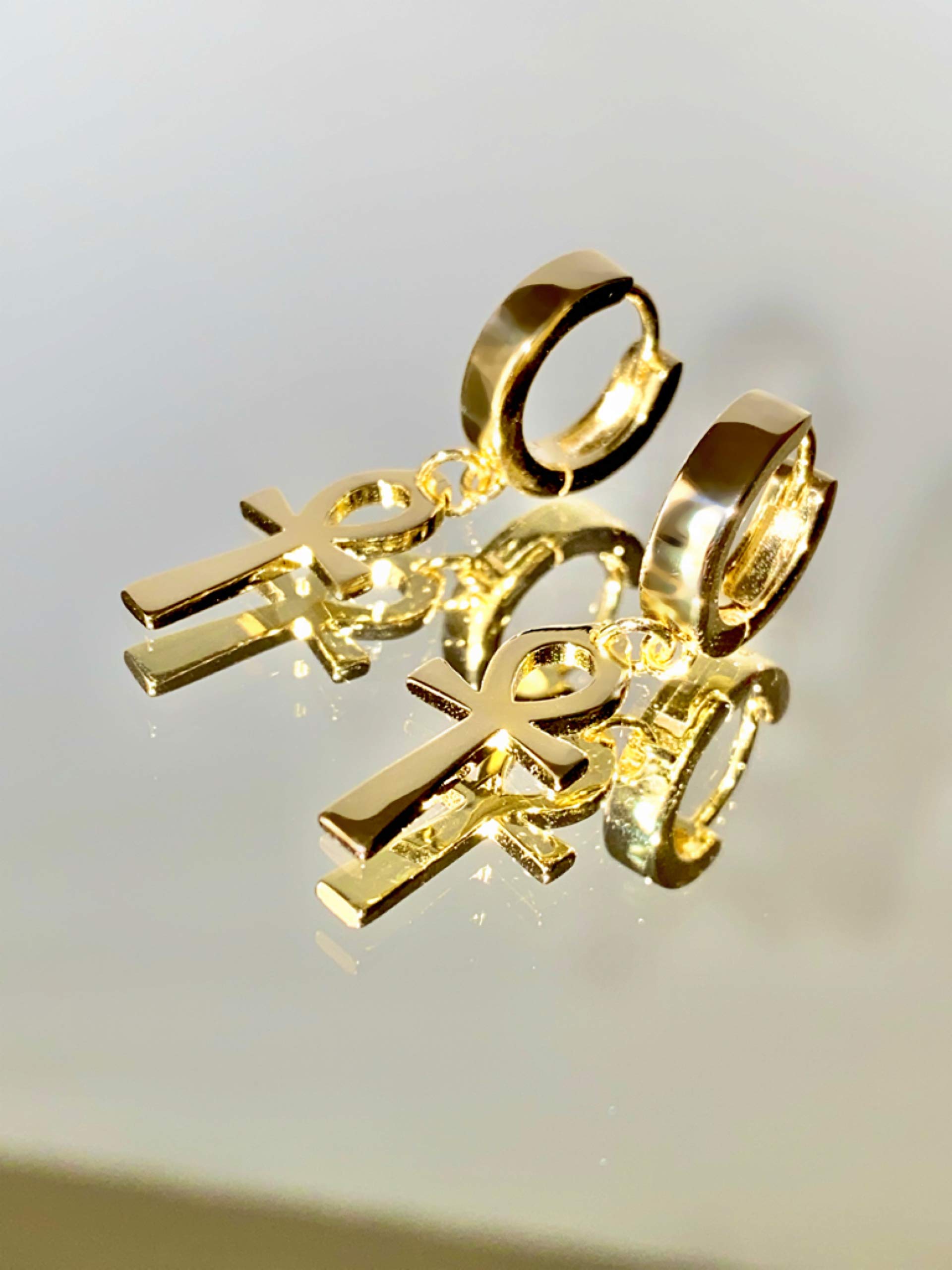 14K Gold Over Silver Ankh Cross Hoop Earrings for Men & Women - Iced Out Stud Earrings with Latch Lock | Hip Hop Jewelry, Gift for Him/Her, Perfect for Parties, Concerts & Everyday Wear
