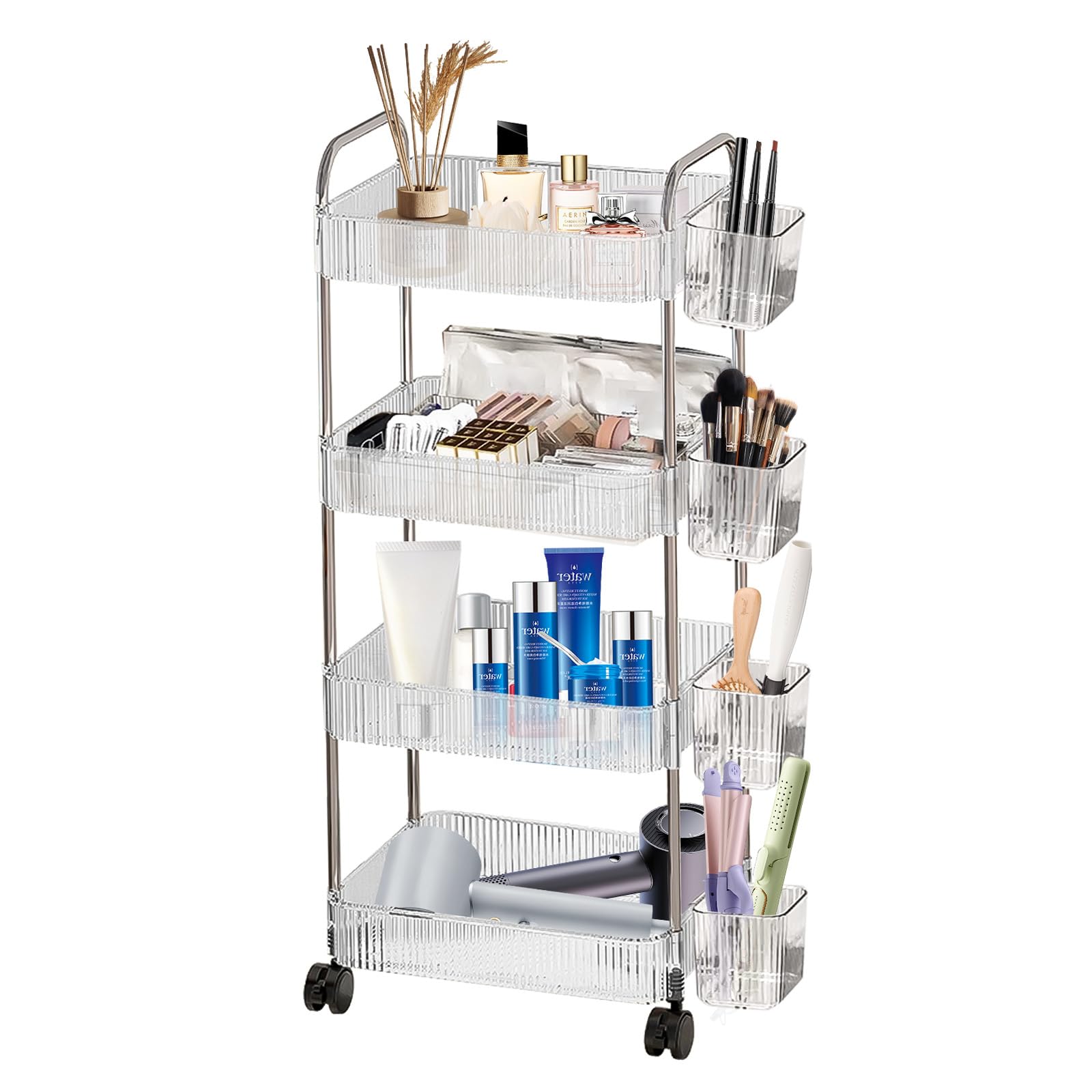 4-Tier Rolling Makeup Cart Organizer with Brush Holder & Acrylic Trays - Clear Cosmetic Storage for Bathroom, Vanity & Salon - Perfect for Beauty Products, Perfumes & Skincare Organization