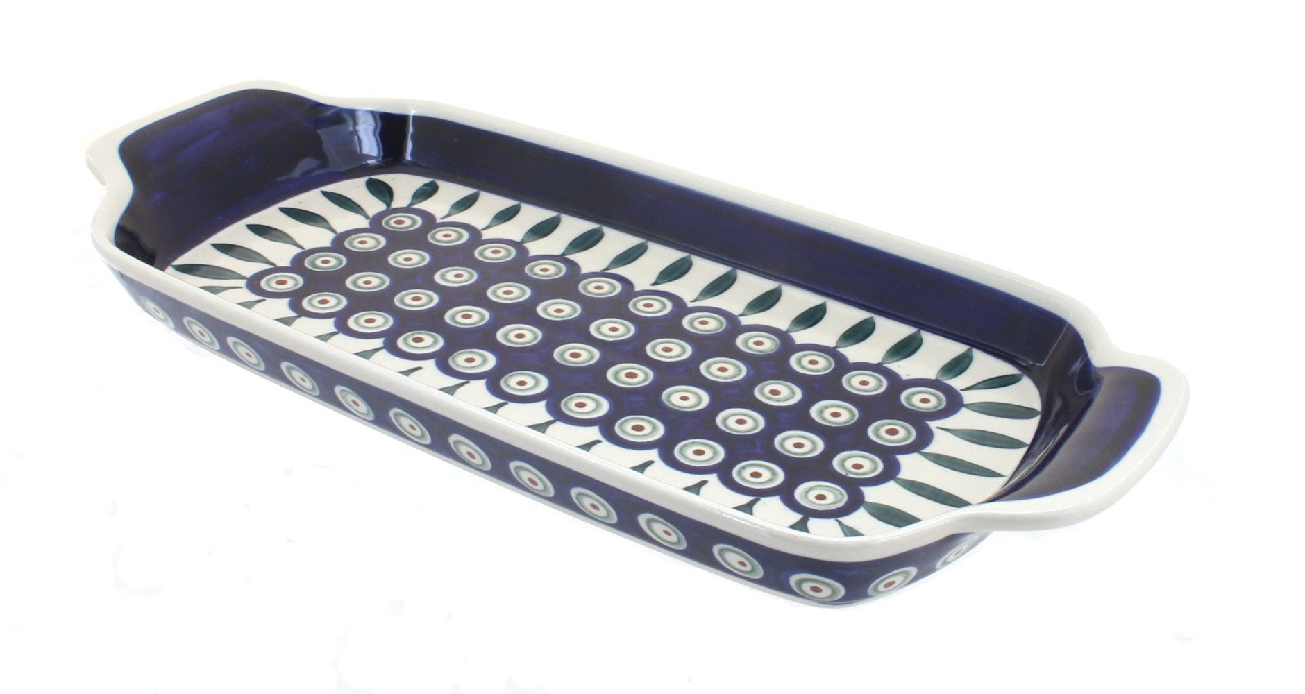 Handmade Blue Rose Polish Pottery Peacock Bread Tray with Wooden Handles - Elegant Serving Platter for Brunch, Tea Parties & Home Decor