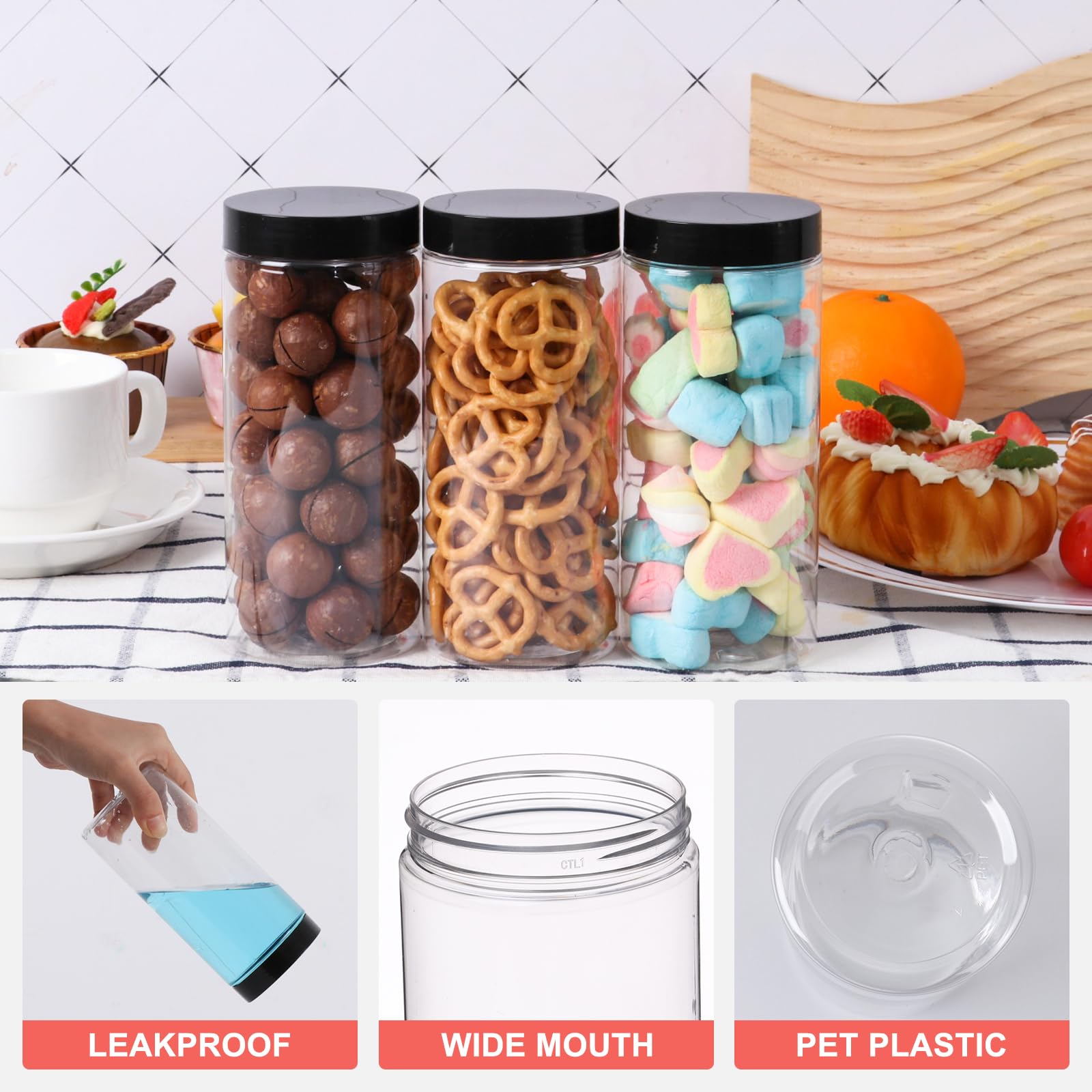 16oz Clear Plastic Jars with Lids (24-Pack) - Airtight Round Food Storage Containers for Nuts, Cookies, Dried Fruits & Small Snacks | Perfect for Pantry Organization, Meal Prep & Bulk Food Storage