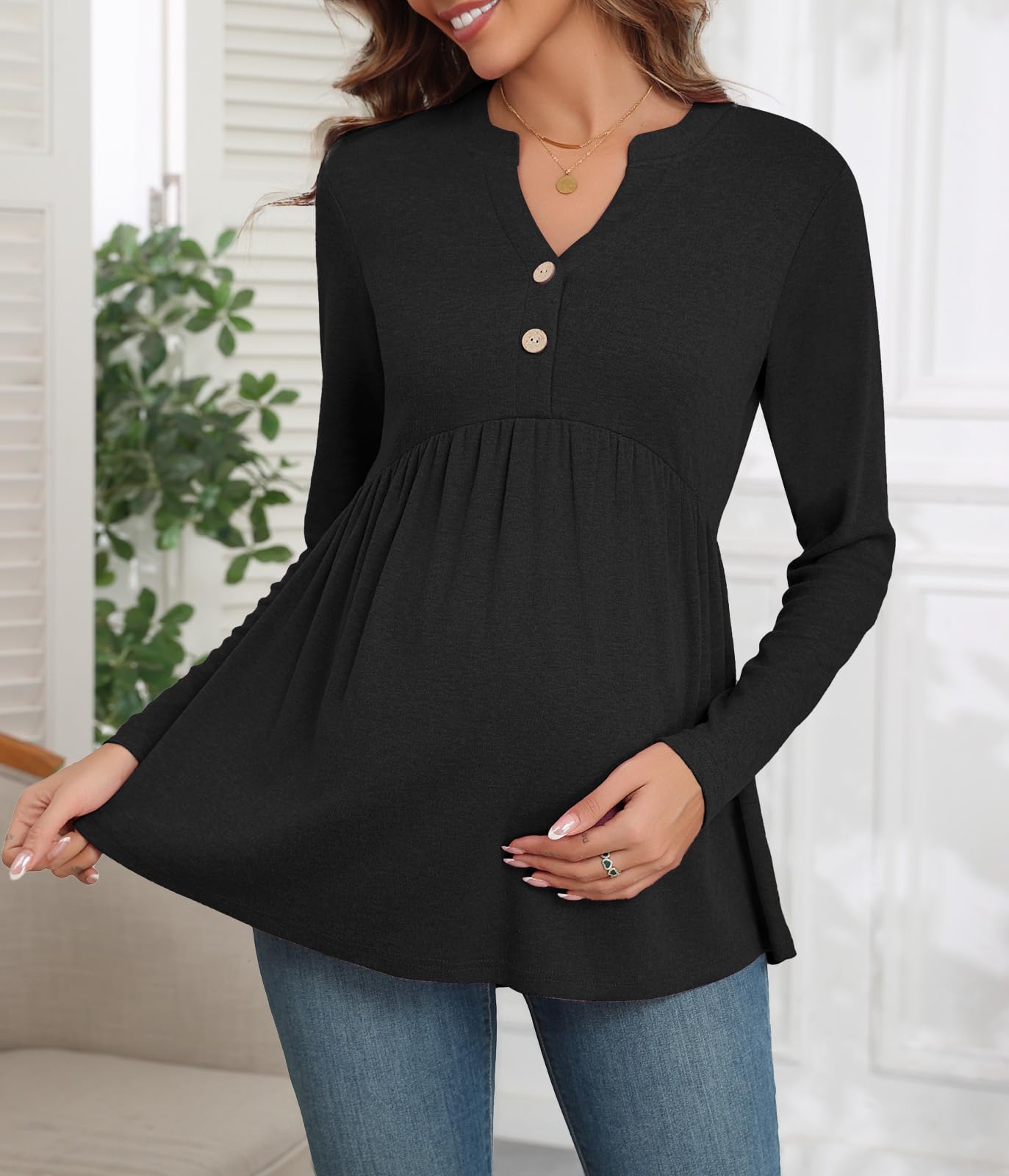 Xpenyo Women's Maternity Tops - Long Sleeve Pregnancy Shirts, V-Neck Button Down Tunic Blouse for Fall 2024 - Comfortable Casual & Dressy Maternity Wear for Work, Office & Everyday Outfits