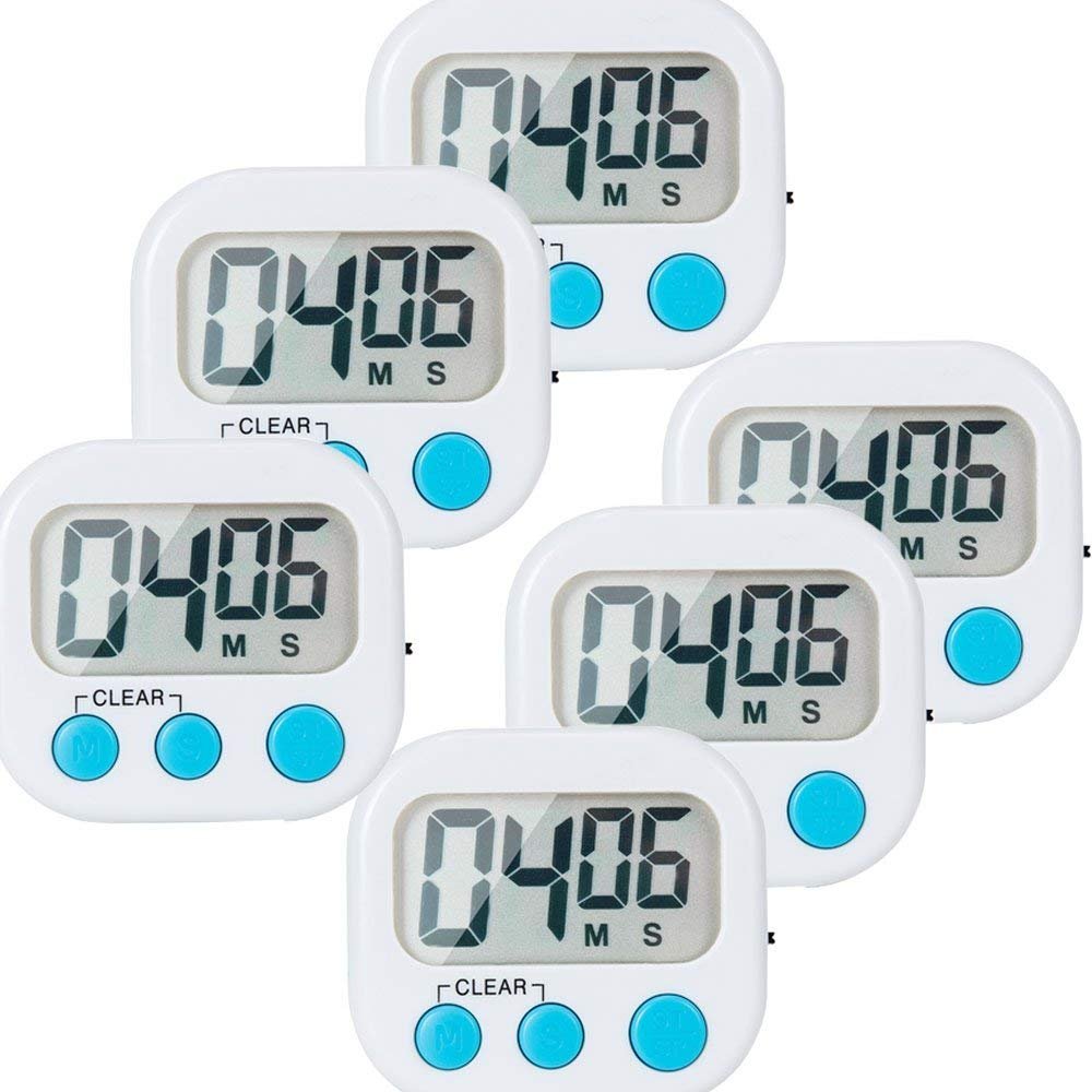 6 Pack Small Digital Kitchen Timer with Magnetic Back & ON/Off Switch - Minute/Second Count Up & Countdown Function for Cooking, Baking, Studying - Perfect White Timer for Home, Office & Classroom Use