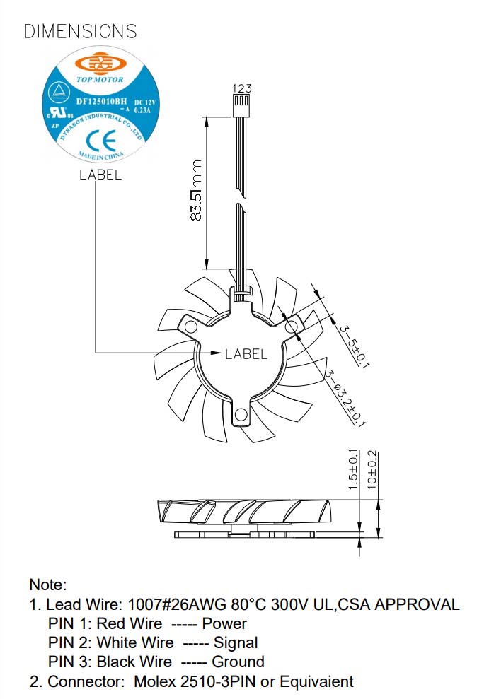 High Performance Frameless 50x10mm Cooling Fan - 3 Wire/Pin Connector DF125010BH 3G for V31G - Perfect for PC Cooling, Electronics & Industrial Applications