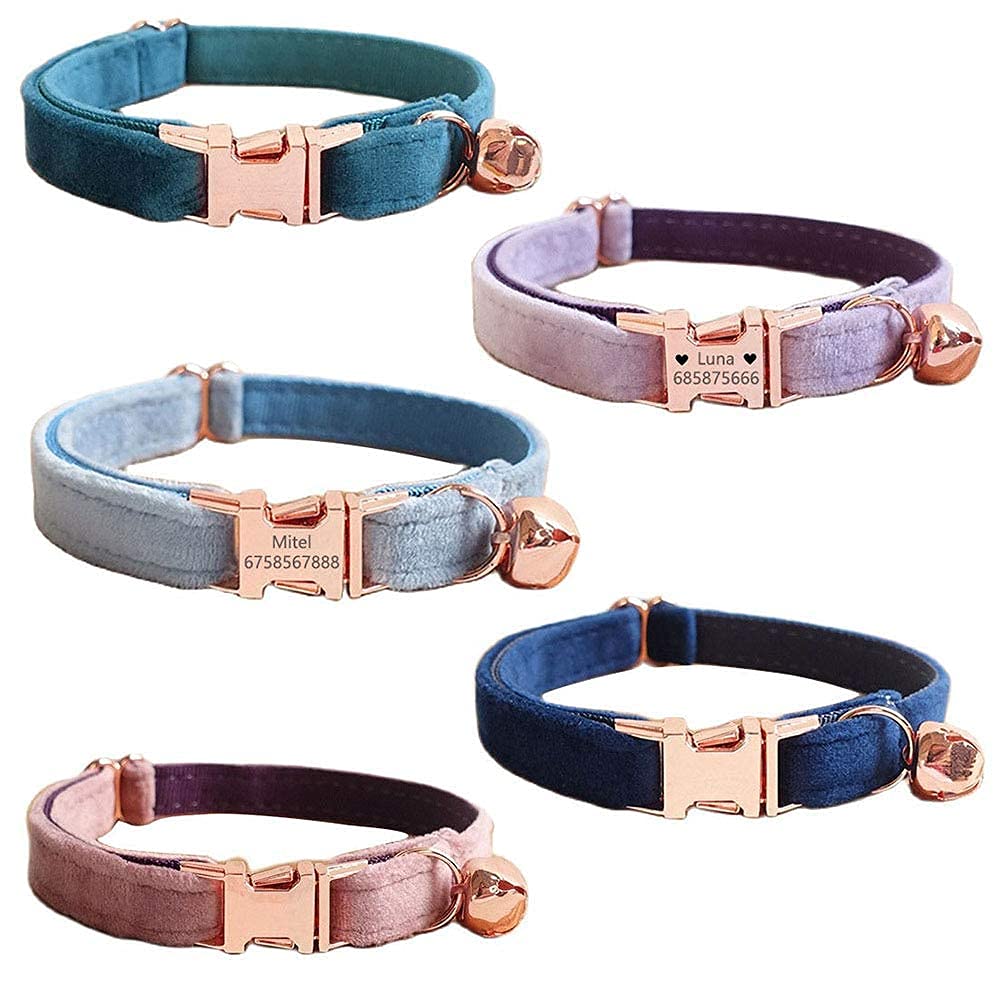 Custom Personalized Cat Collar - Velvet Adjustable Kitten Collar with Bell & Bow Tie - Engraving Nameplate for Small Dogs & Puppies (Size S: 16-26cm, Navy) - Perfect for Pet Parties, Daily Walks & Photo Shoots