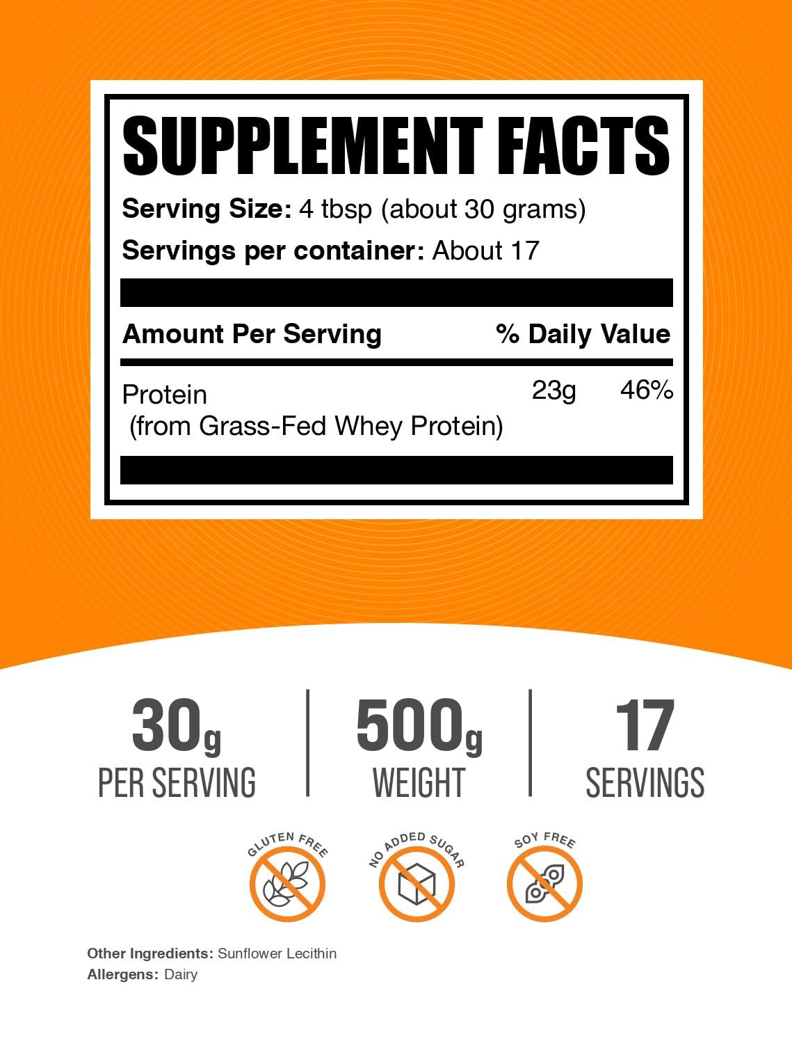Grass Fed Whey Protein Powder Concentrate - Unflavored, Gluten Free, 30g per Serving, 500g (1.1 lbs) | BulkSupplements.com | Ideal for Post-Workout Recovery, Muscle Building & Healthy Smoothies