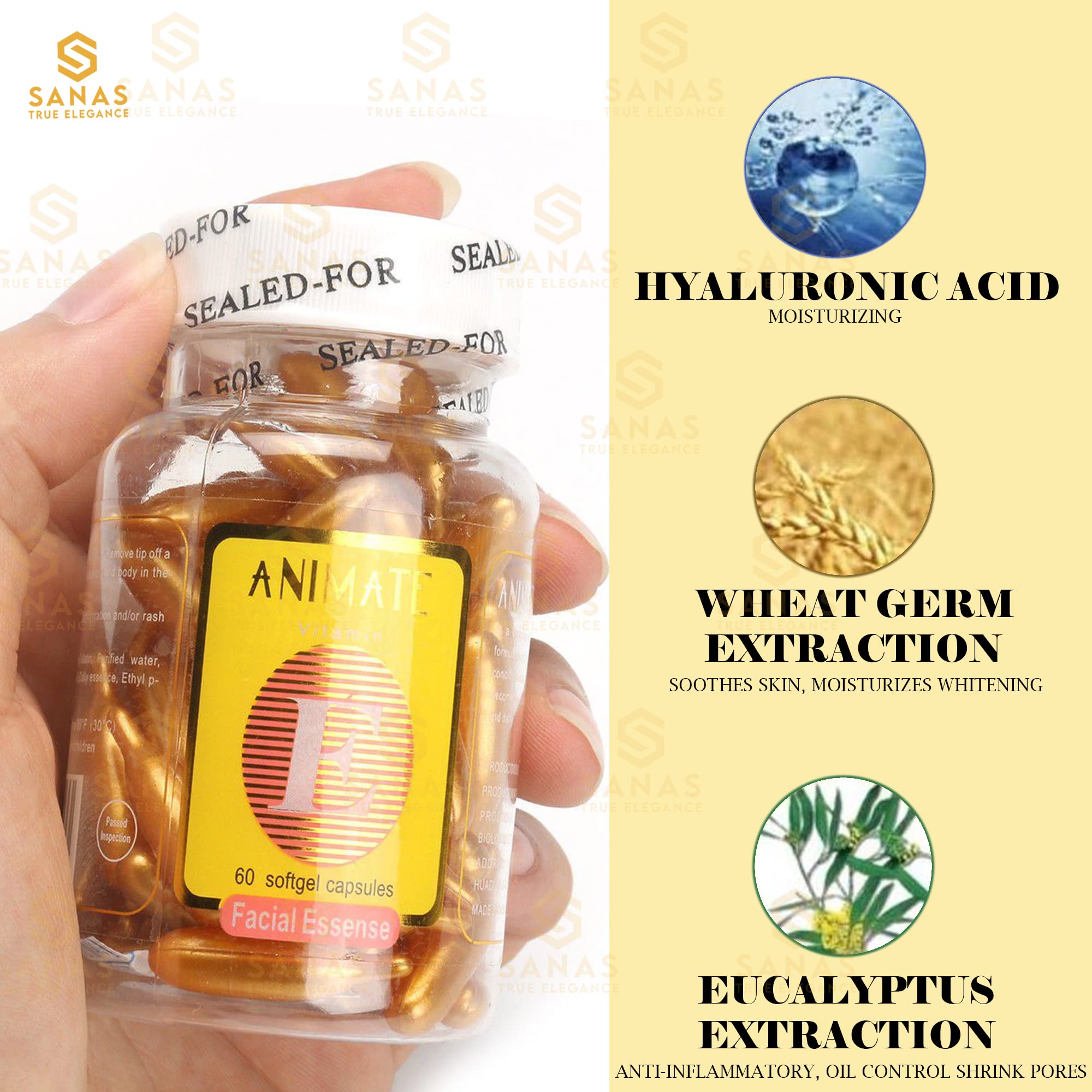 Sanas Animate Aloe Vera & Vitamin E Facial Oil Capsules - Hydrating & Nourishing for Dry Skin, Anti-Aging & Glow Boost - Perfect for Night Routine & Travel Skincare