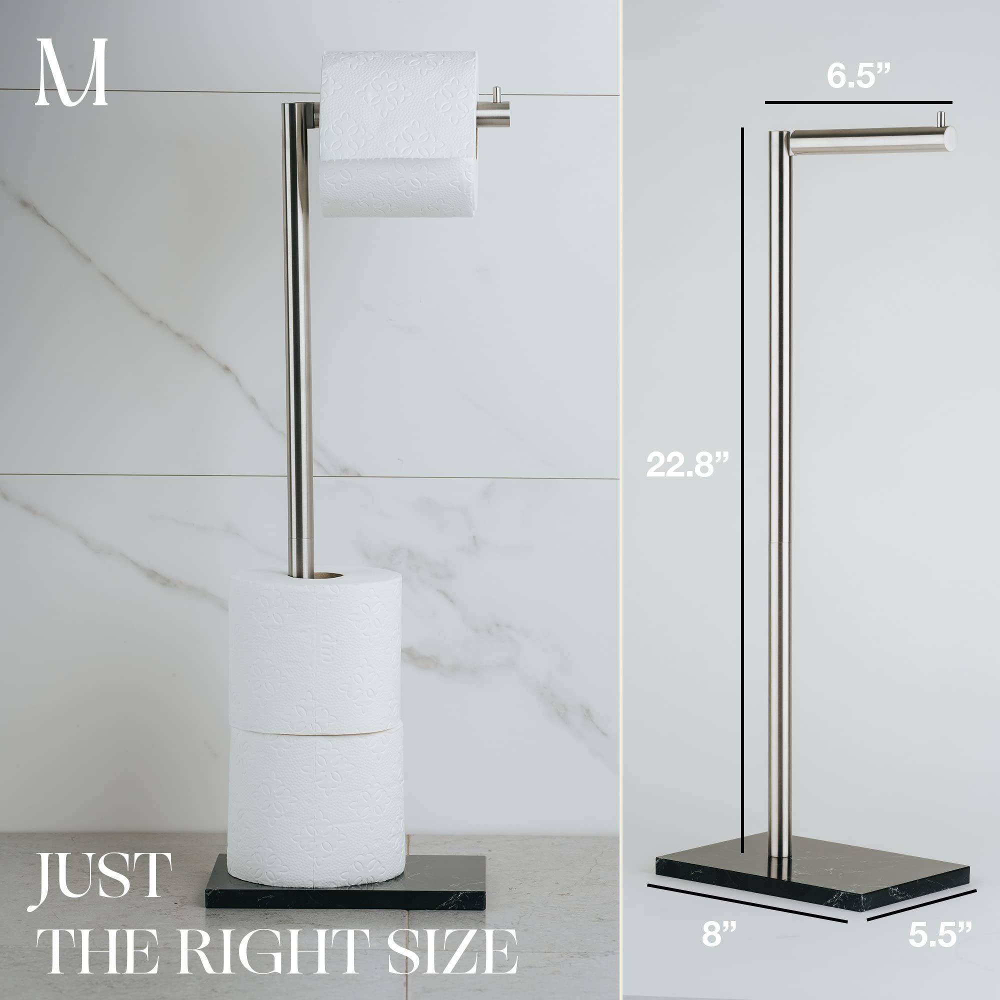 MARMOLUX ACC Freestanding Brushed Nickel Toilet Paper Holder Stand - 4 Jumbo Roll Bathroom Storage - Stainless Steel Toilet Paper Dispenser - Brushed Steel & Black Marble Design - Perfect for Modern Bathrooms, Powder Rooms & Guest Baths