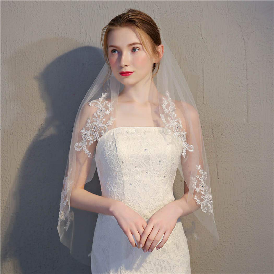 Crystal Embroidered Wedding Veil - 1 Tier Short Hip Length Bridal Veil with Lace Applique | Soft Tulle Hair Accessory for Women & Girls (White) | Perfect for Church Weddings, Beach Ceremonies & Photo Shoots