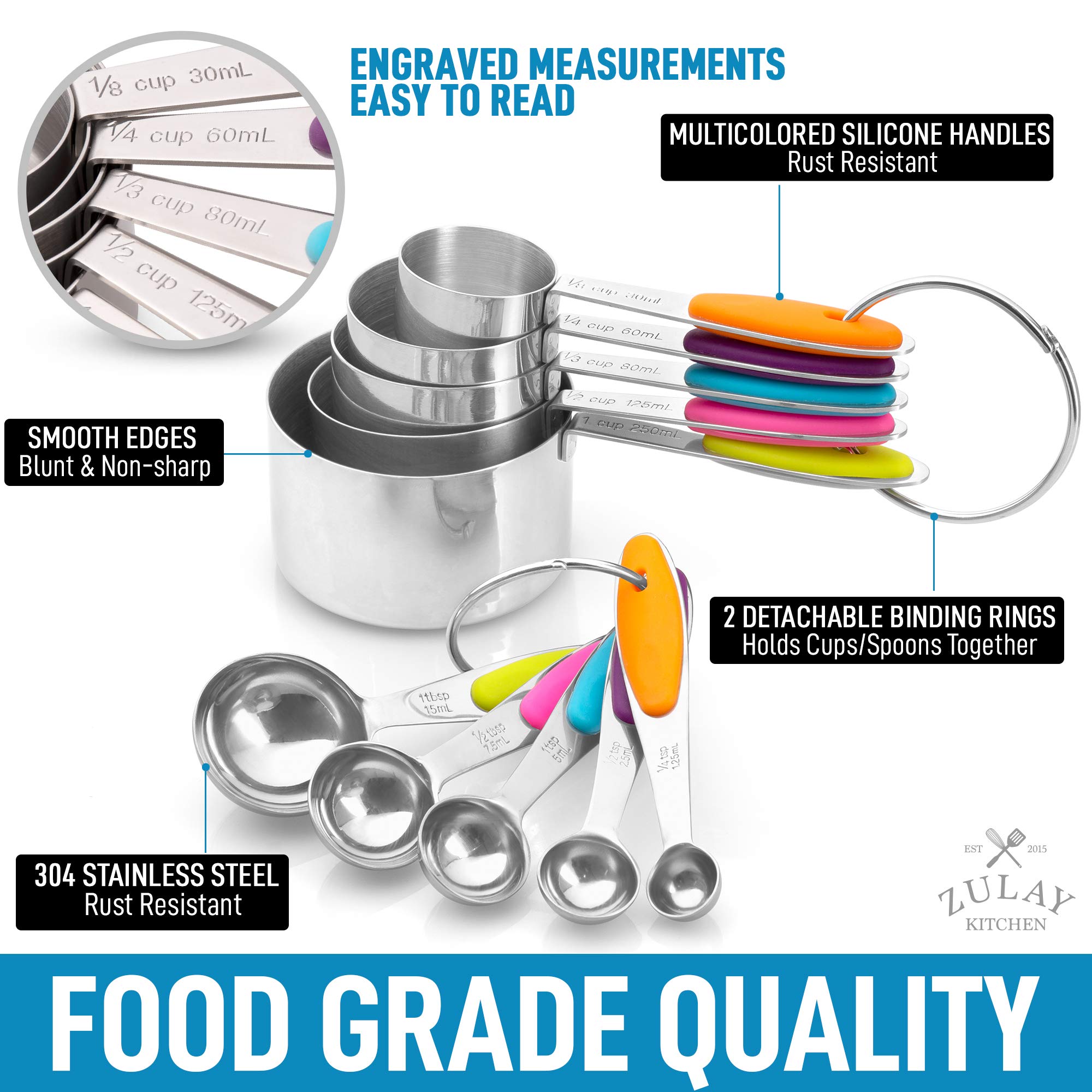 Premium Stainless Steel Measuring Cups and Spoons Set of 10 - Stackable Dry & Liquid Measuring Cups with Ergonomic Silicone Handles - Perfect for Baking, Cooking, and Meal Prep - Essential Kitchen Tools for Home Chefs and Bakers