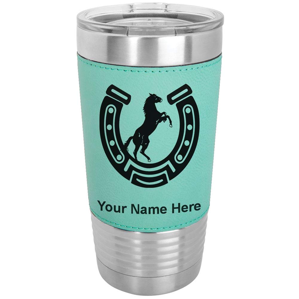 LaserGram 20oz Vacuum Insulated Stainless Steel Tumbler Mug with Horseshoe & Horse Design - Personalized Engraved Gift, Faux Leather Wrap & Teal Color - Perfect for Coffee, Tea & Cold Drinks at Home, Office or Outdoor Adventures