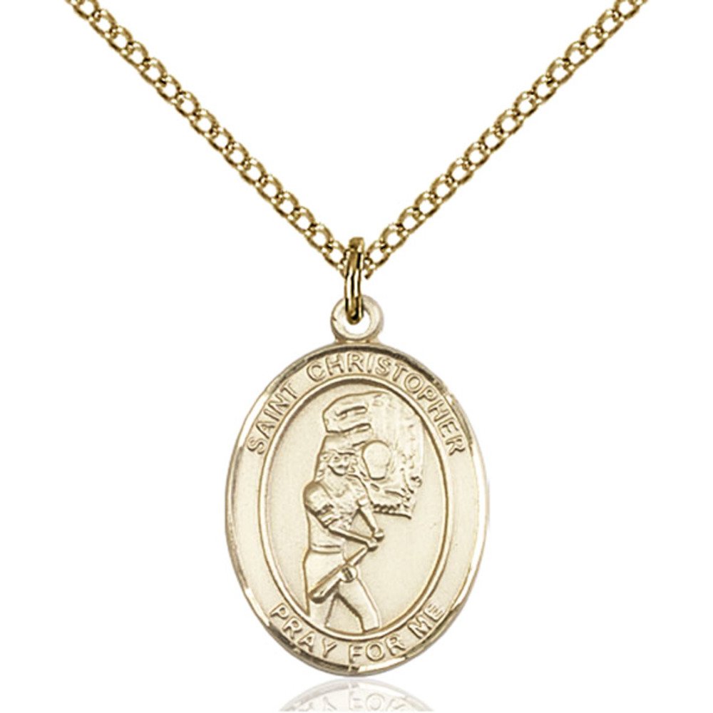 Bonyak Handmade 14kt Yellow Gold-Filled St. Christopher Oval Medal Pendant for Softball Players - Religious Jewelry Gift for Athletes, Travelers & Sports Enthusiasts