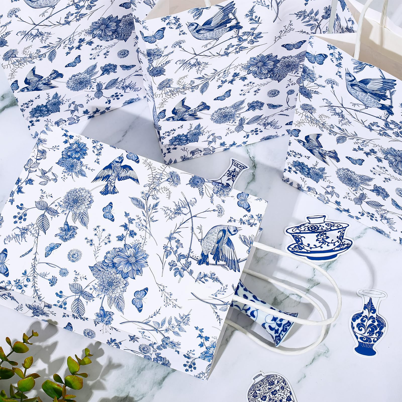16Pcs Floral Gift Bags with Handles - Blue & White Chinoiserie Hydrangea Design for Wedding, Birthday Party Favors & Decorative Packaging | Elegant Party Supplies for Bridal Showers, Baby Showers & Special Events