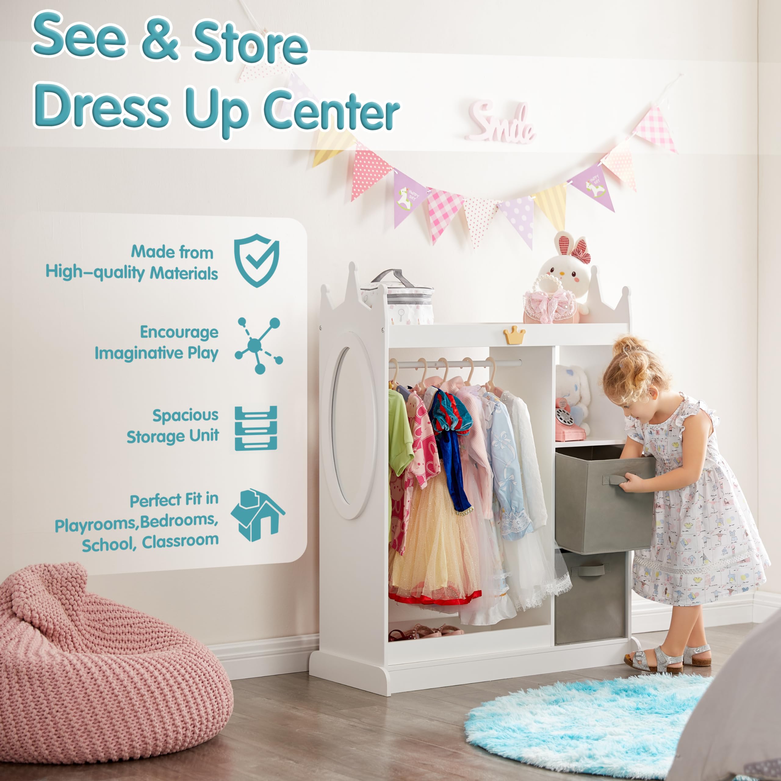 Kids Dress Up Storage Mirror with 2 Bins & Cloth Hanger - Play Armoire Dresser Pretend Closet for Bedroom - Perfect for Organizing Costumes, Toys & Accessories