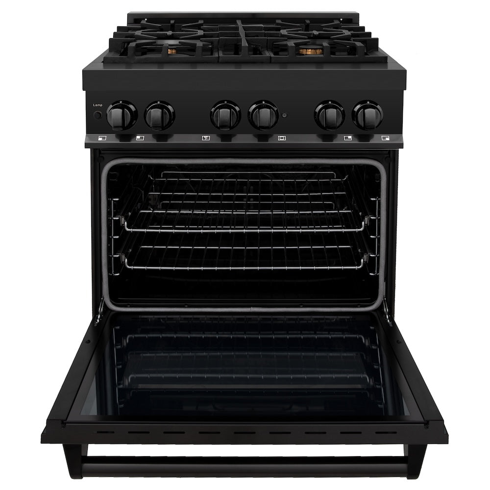 ZLINE 30 Inch Black Stainless Steel Dual Fuel Range Kitchen Package with Convertible Range Hood & Microwave Drawer - Perfect for Modern Kitchens, Home Renovations & Chef-Inspired Cooking Spaces