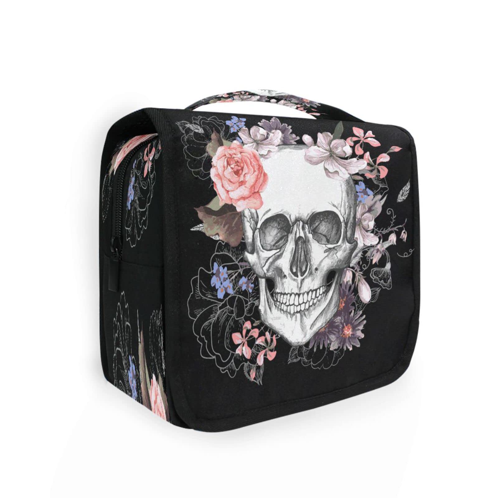 Waterproof Hanging Toiletry Bag for Women - Portable Travel Cosmetic Organizer with Sugar Skull Floral Design | Perfect for Showers, Gym, Camping & Vacation Trips