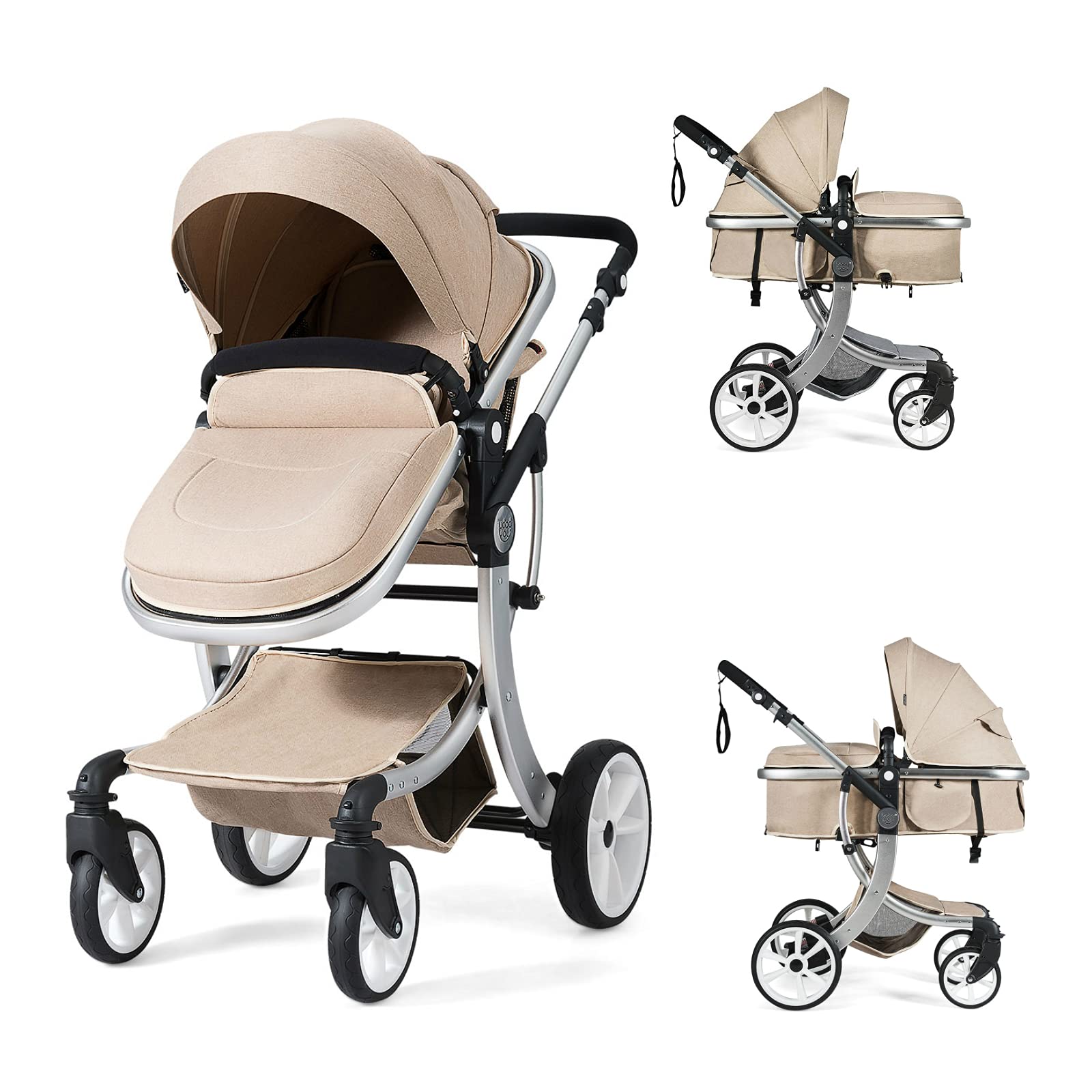 Honey Joy Baby Stroller - Convertible Infant Bassinet with Adjustable Canopy & Backrest, Foldable Newborn Carriage with Storage Basket & Foot Cover (Beige) | Perfect for Walks, Shopping & Travel